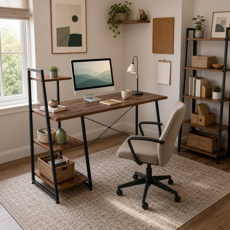 Angle. WELLFOR - 39.5" Computer Desk with Shelves and 3-Tier Storage Bookshelf, Laptop PC Work Table Writing Desk for Small Spaces - Brown.