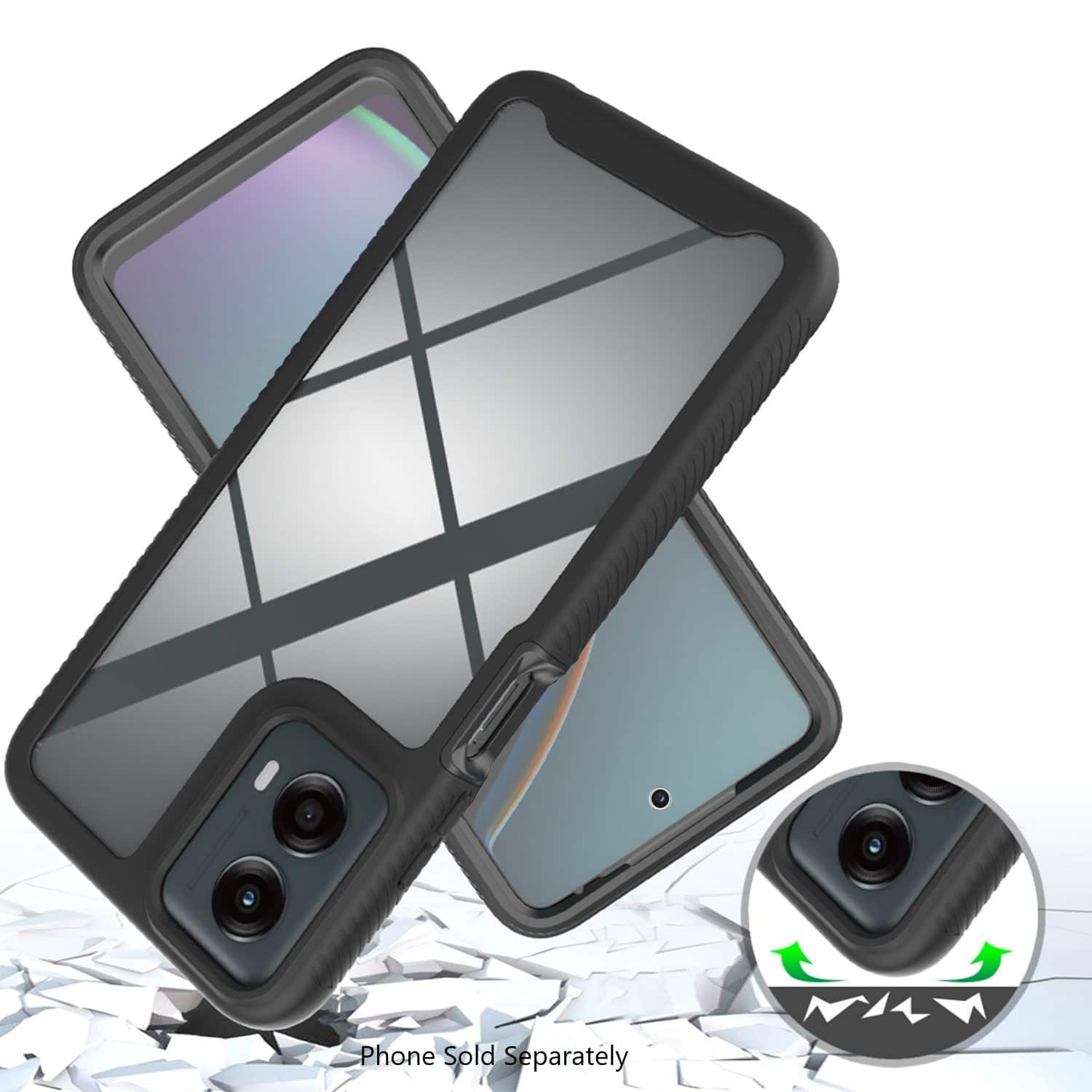 The image shows a close-up view of a cell phone case, which is available for sale separately. The case is designed to protect the phone from scratches and minor impacts. The case is made of durable material and features a clear window to showcase the phone's design. The case is available in various colors, and it can be easily attached to the phone. The close-up view of the case highlights its features and quality, making it an attractive option for phone owners who want to protect their device.