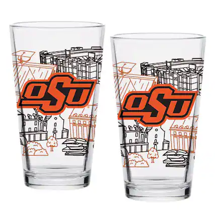 Front. Indigo Falls - Oklahoma State Cowboys Two-Pack 16oz. Campus Line Art Pint Glass Set - Multicolor.
