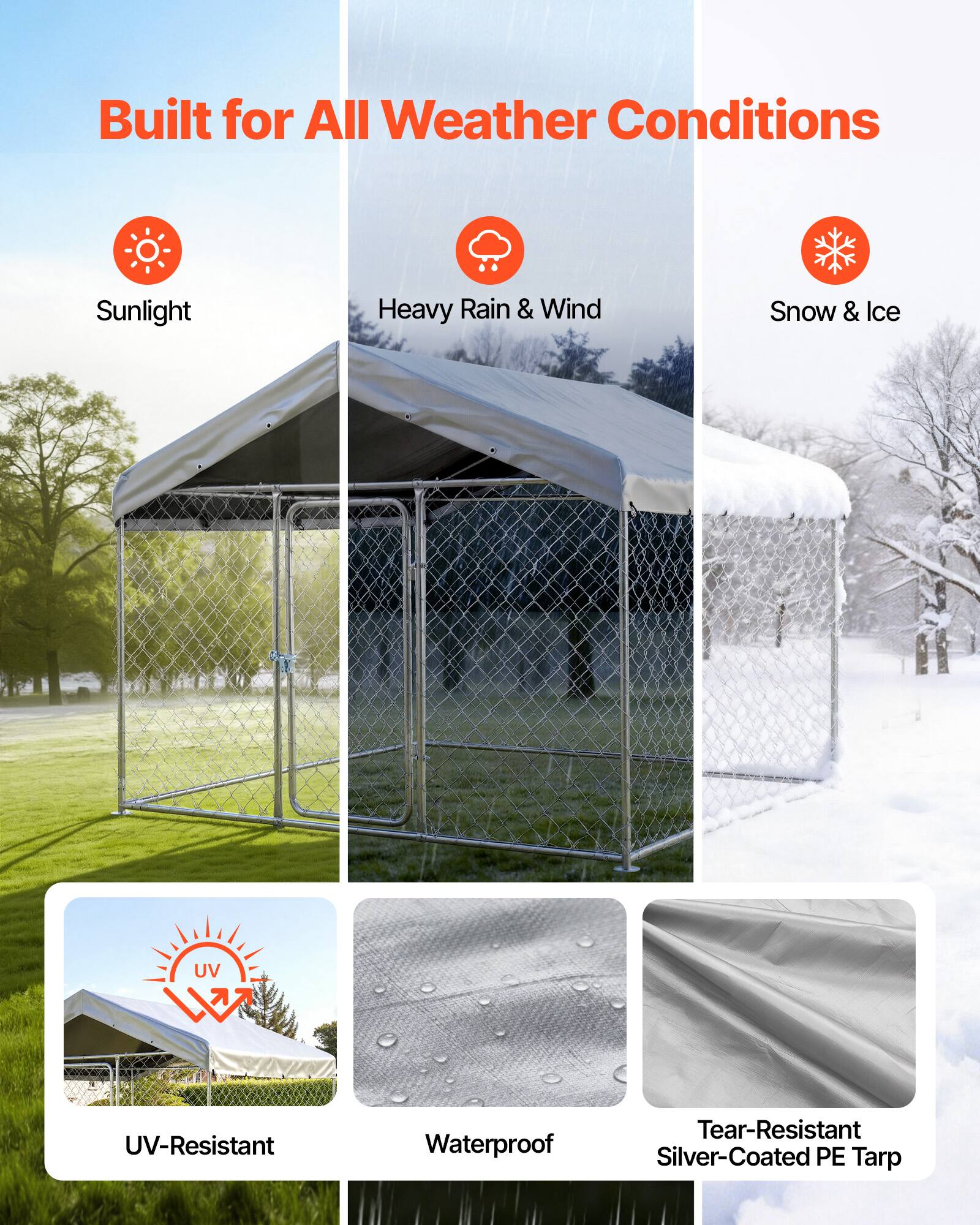 Built for All Weather Conditions

- Sunlight
- Heavy Rain & Wind
- Snow & Ice

- UV-Resistant
- Waterproof
- Tear-Resistant Silver-Coated PE Tarp