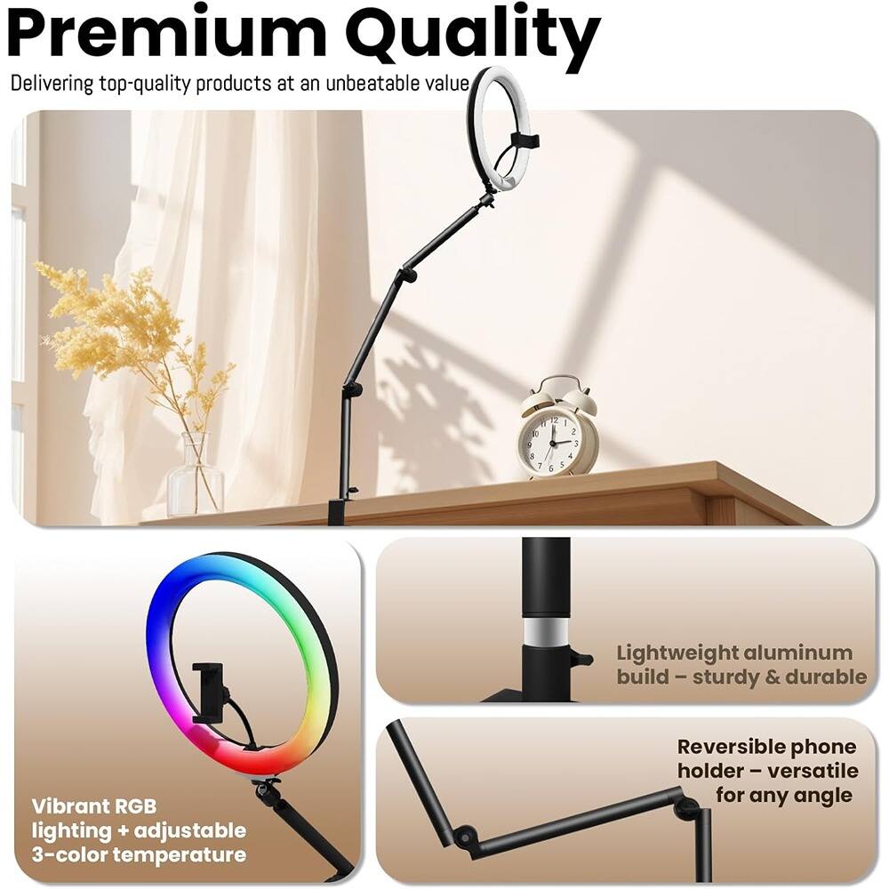 Premium Quality  
Delivering top-quality products at an unbeatable value  

- Lightweight aluminum build - sturdy & durable  
- Vibrant RGB lighting + adjustable 3-color temperature  
- Reversible phone holder - versatile for any angle