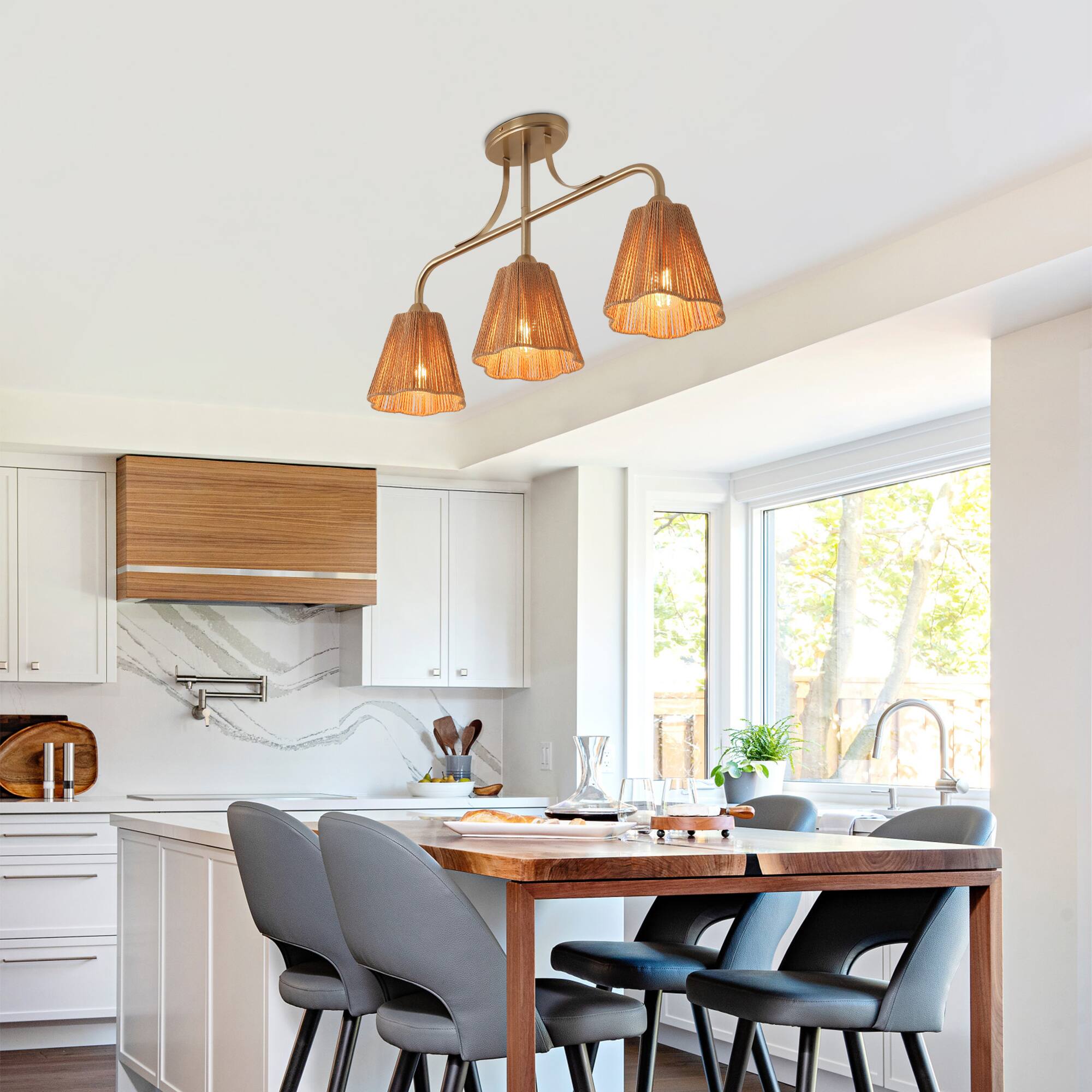Back. Parrot Uncle - 30" Modern Gold 3-Light Kitchen Island Chandelier with Natural Woven Rope Shades for Dining Room - Gold.