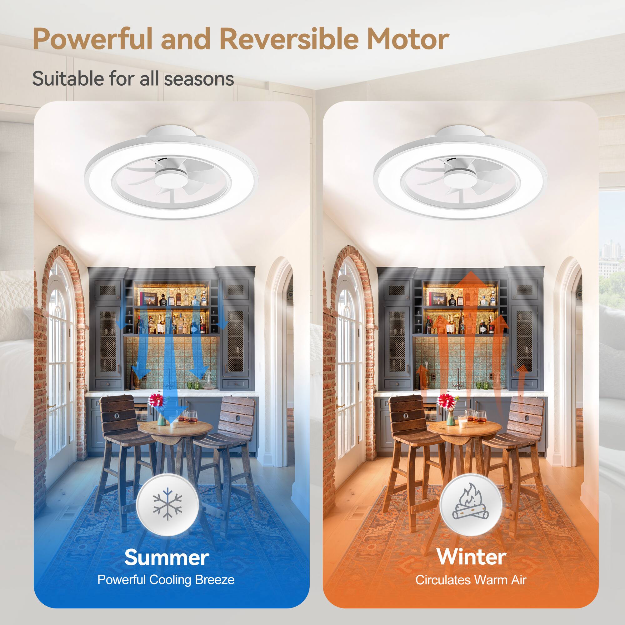 Powerful and Reversible Motor  
Suitable for all seasons  

Summer  
Powerful Cooling Breeze  

Winter  
Circulates Warm Air