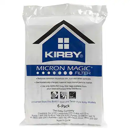 **KIRBY® MICRON MAGIC FILTER**
- Reduces common household dirt, dust, and other particles.
- Electrostatically charged material traps micron particle matter.
**Use only GENUINE Kirby filter bags available from your local authorized Kirby Distributor.**
**Universal Style Fits Both F-style and Twist-style Models**
**6-Pack**
**The Kirby Company**
Cleveland, OH, U.S.A
www.kirby.com
1-800-437-7170
**Russia:** 7 800 500 51 46 or 7 495 374 29 27
**Europe:** 00 800 547 292 72
**UK:** 0800-328-1247
**Australia:** 1-800-781-556
**South Africa:** 0800-203-222
Made in China