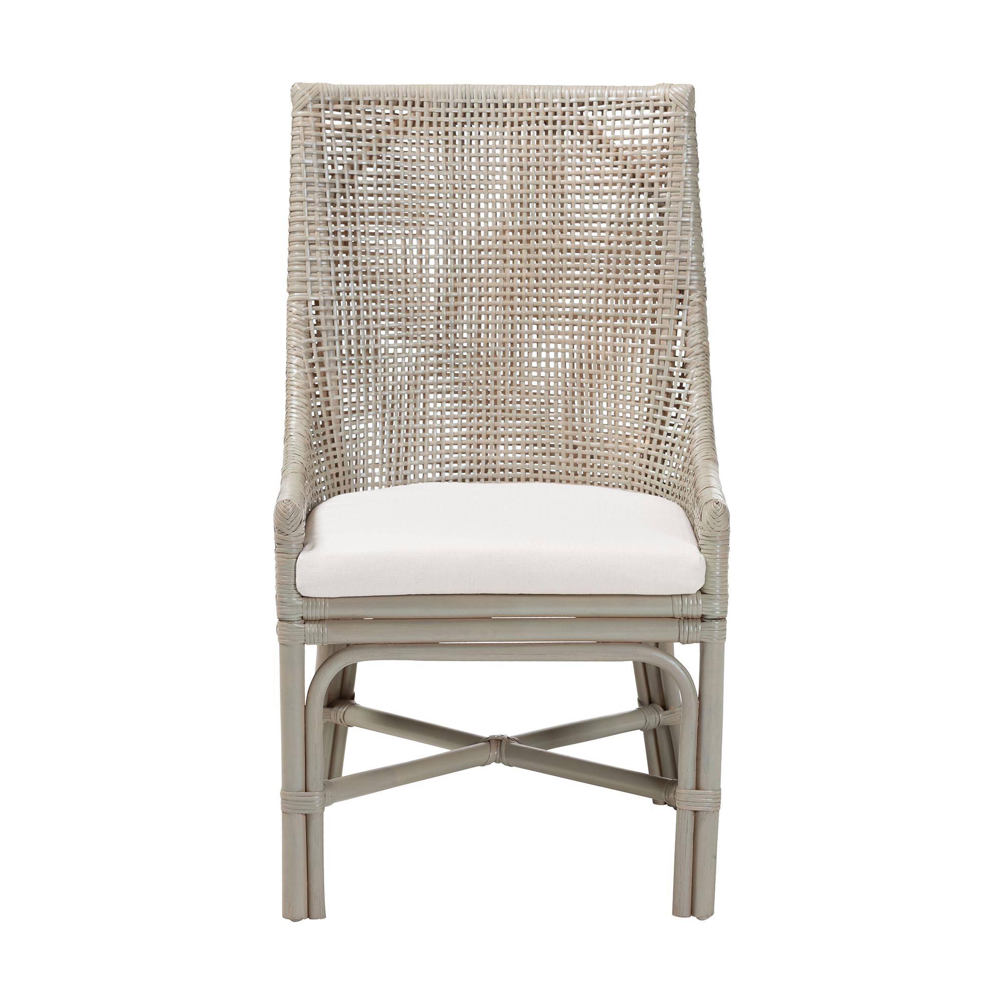 Angle. bali & pari - Bella Rattan Dining Chair with Cushion - Handwoven Wicker Accent Side Chair with High Backrest, Coastal Boho Seating - French Grey.