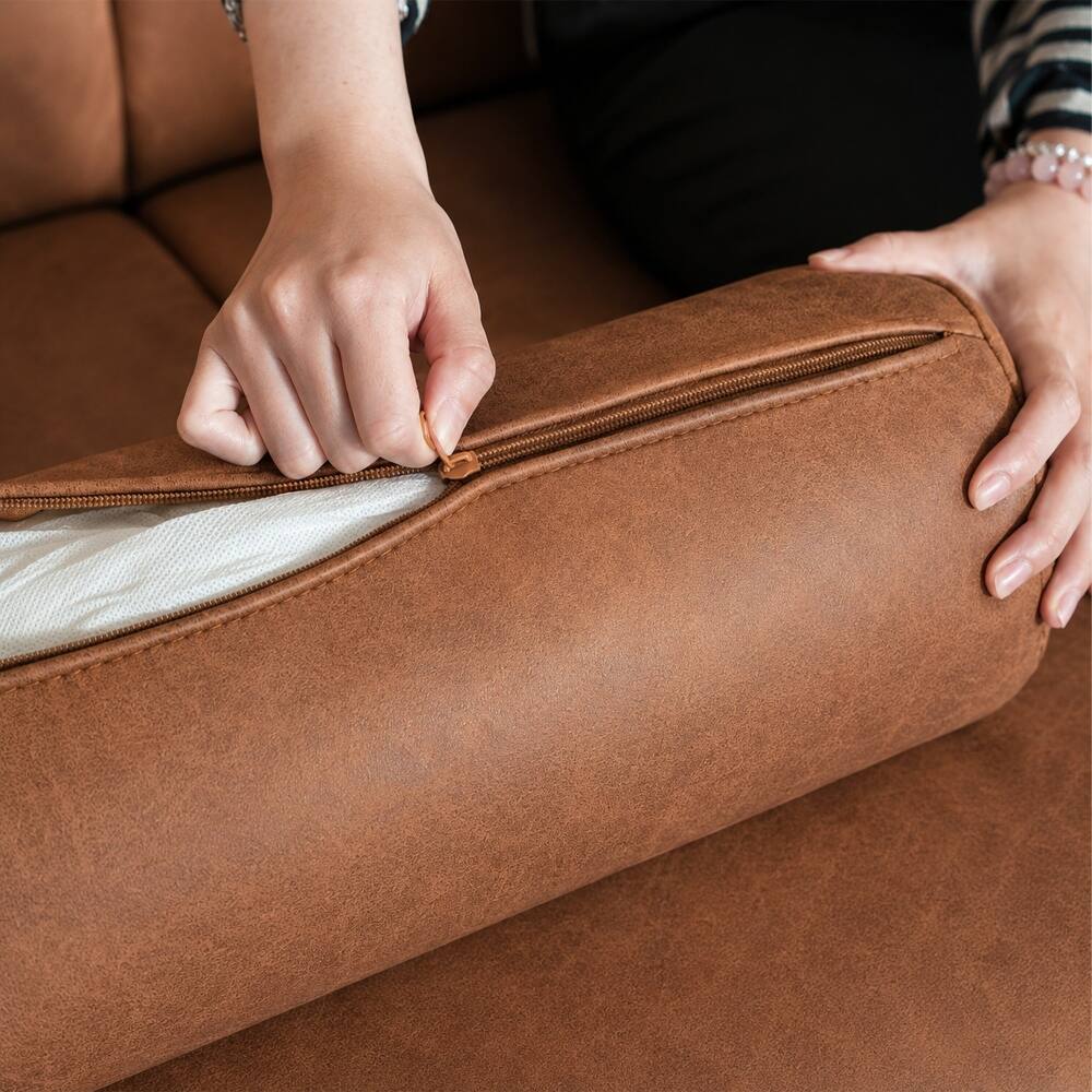 Alt View 6. Loheer - Loheer 78.5-Inch Brown Faux Leather Sofa, Mid-Century Modern 3-Seater Couch with Button Tufted Deep Seat - Brown.