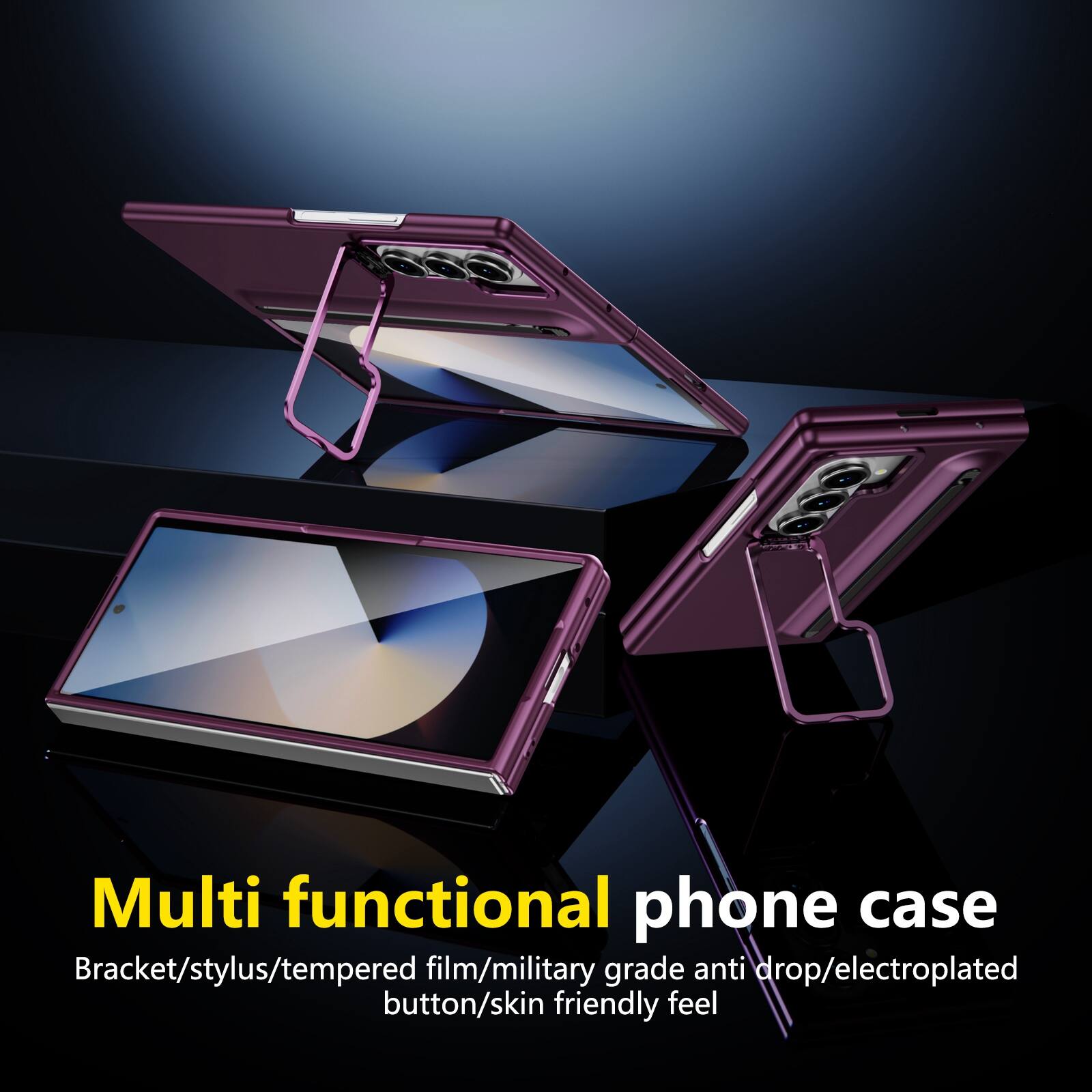 Multi functional phone case  
Bracket/stylus/tempered film/military grade anti drop/electroplated button/skin friendly feel
