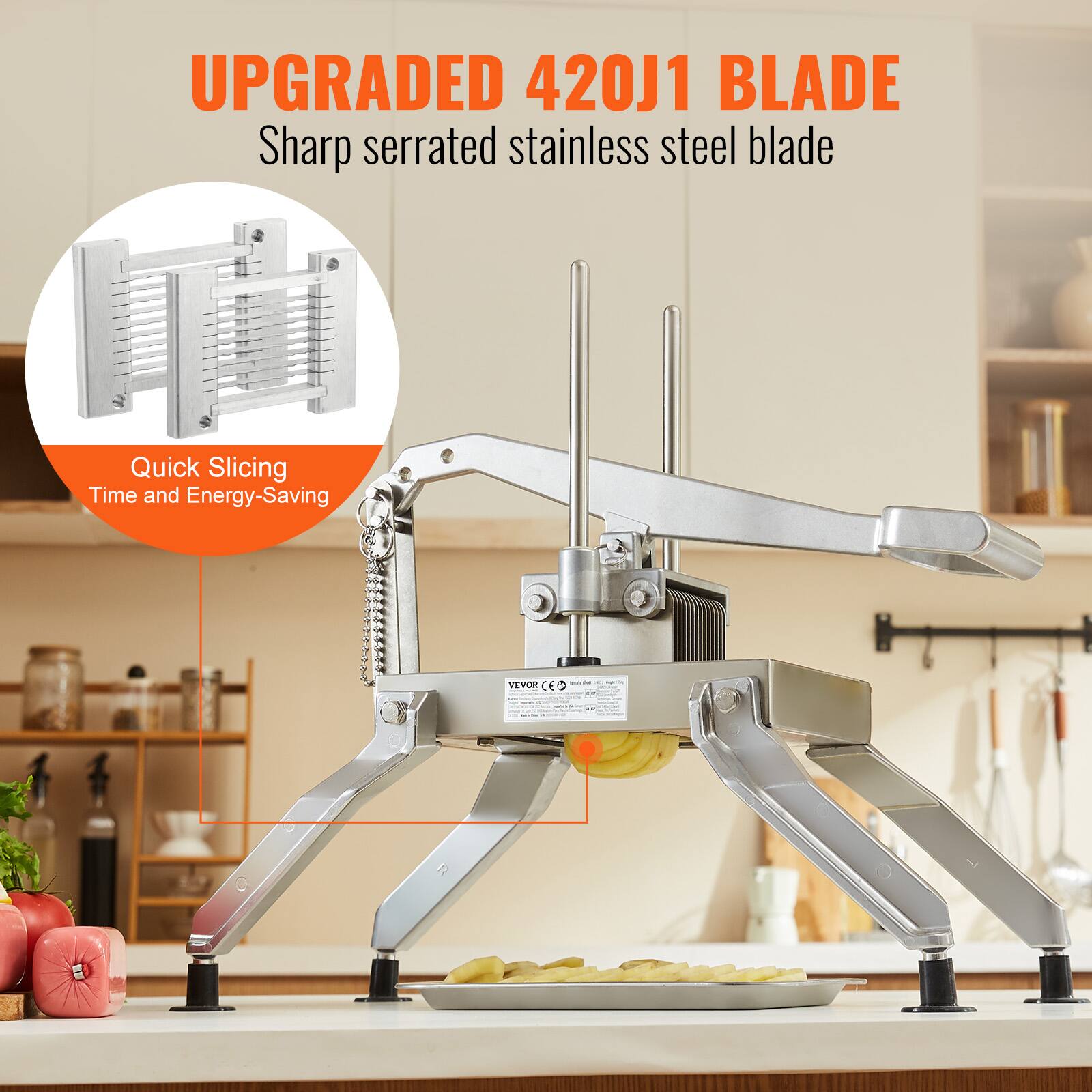 UPGRADED 420J1 BLADE  
Sharp serrated stainless steel blade  

Quick Slicing  
Time and Energy-Saving