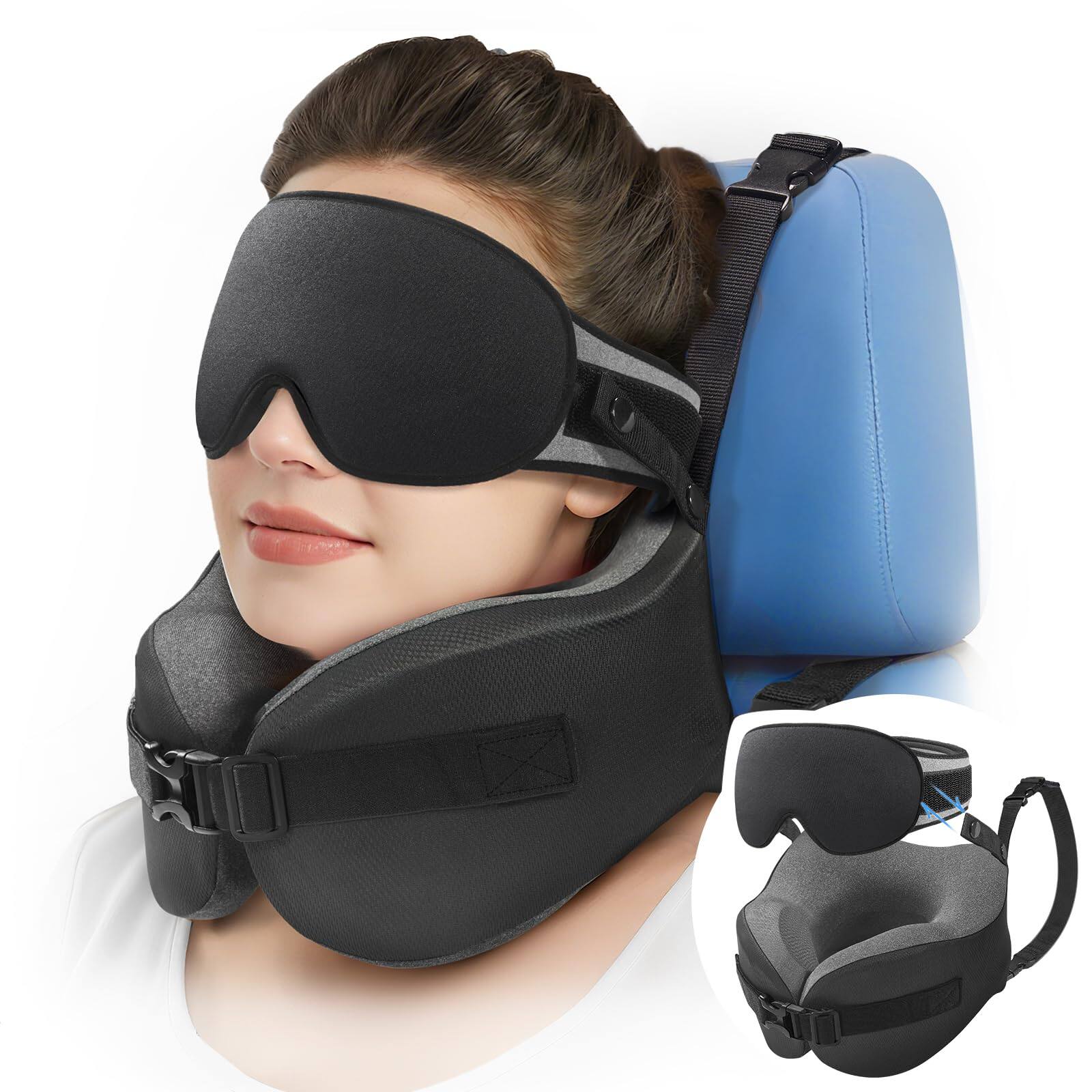 Pacoar Cade - Travel Pillow For Long Flight Airplanes Head Strap Combo With 3d Contoured Eye Mask Sleep Neck Car Trip 360° Support - Black