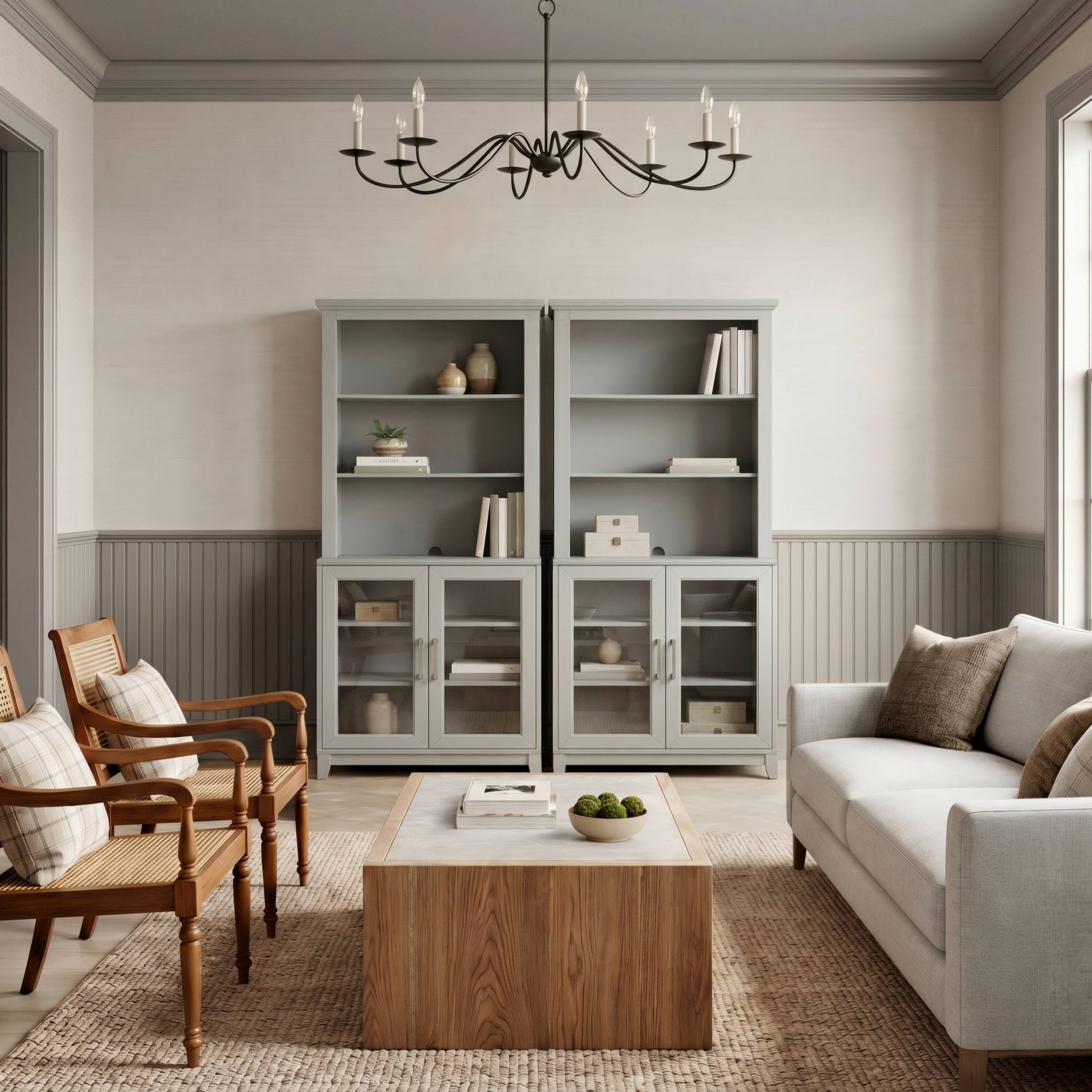 Alt View 5. Martha Stewart - Bedford Set of 2 Modular Cabinets and 2 Hutch Set, Premium Hardware, Open Top Shelves, Soft-Close Glass Doors - Bedford Gray/Brushed Stainless Steel Hardware.