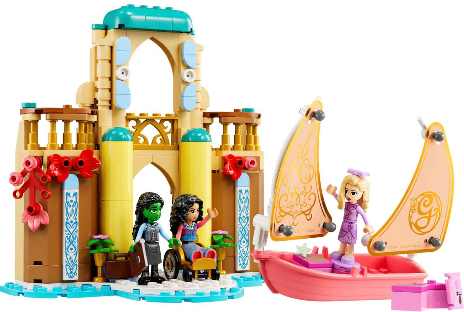 The LEGO dollhouse is a creative and imaginative playset that allows children to engage in role-playing and storytelling. The set includes a castle-like structure, a boat, and various figures, such as a man, a woman, and a dog. The figures are posed in different positions, with the man and woman standing close to the boat, and the woman waving at the man. The boat is situated near the castle, adding to the overall play environment. This playset encourages children to use their imagination and creativity while enjoying the company of their toy friends.