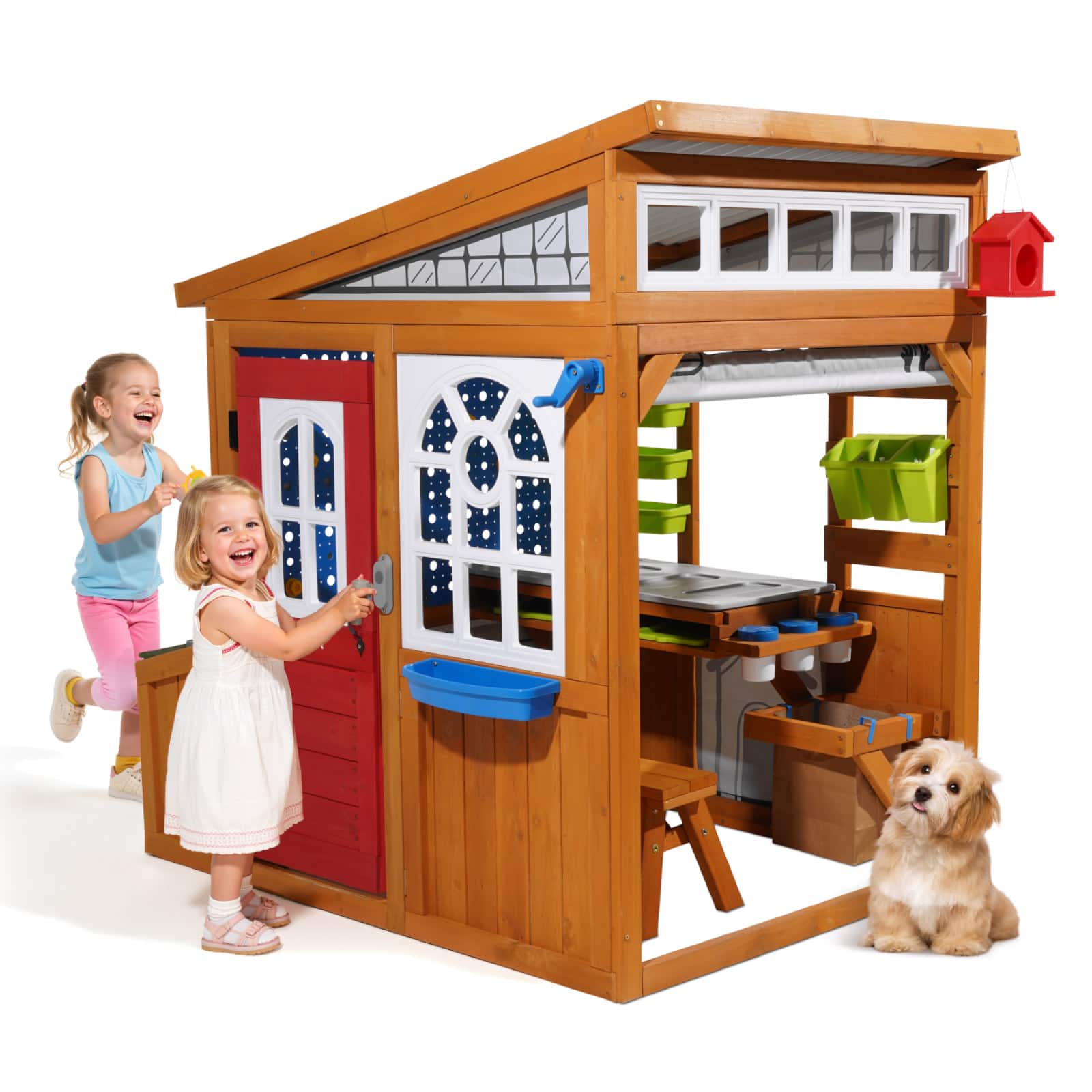 VEVOR - Outdoor Playhouse, Cedar Wooden Kids Playhouse with Bird Nest, Doorbell, Trash Bin, Gravity Wall Set, Storage Pocket - Wood color