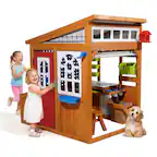 Front. VEVOR - Outdoor Playhouse, Cedar Wooden Kids Playhouse with Bird Nest, Doorbell, Trash Bin, Gravity Wall Set, Storage Pocket - Wood color.