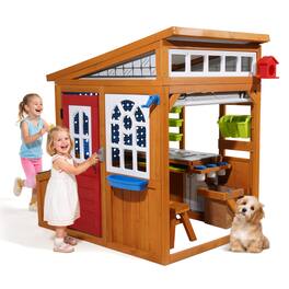 VEVOR - Outdoor Playhouse, Cedar Wooden Kids Playhouse with Bird Nest, Doorbell, Trash Bin, Gravity Wall Set, Storage Pocket - Wood color