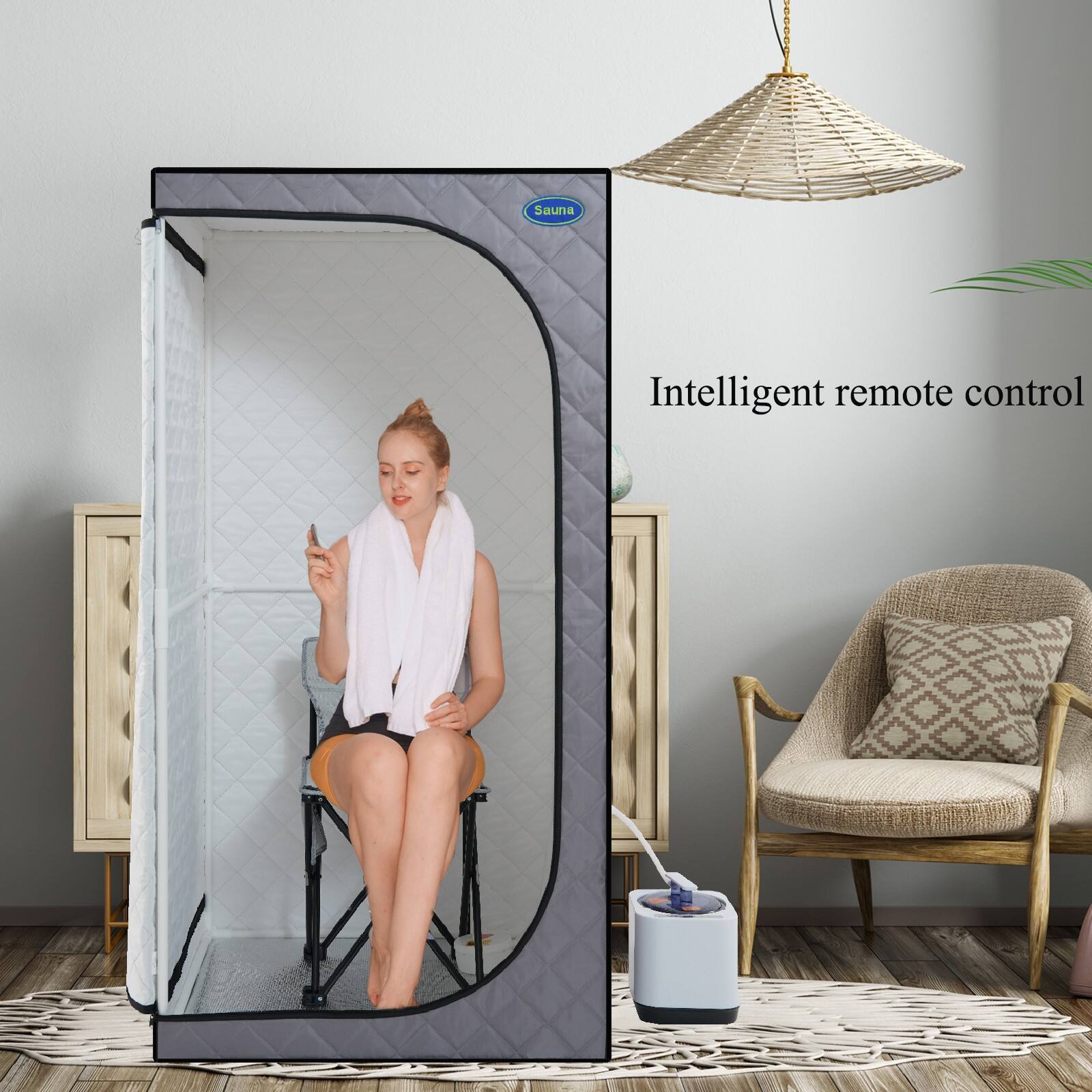 Glintex - Portable Mini Plus style Steam Sauna tent,Steam Generator, Remote Control, Foldable Chair, PVC pipes. fast heating - Cement Grey