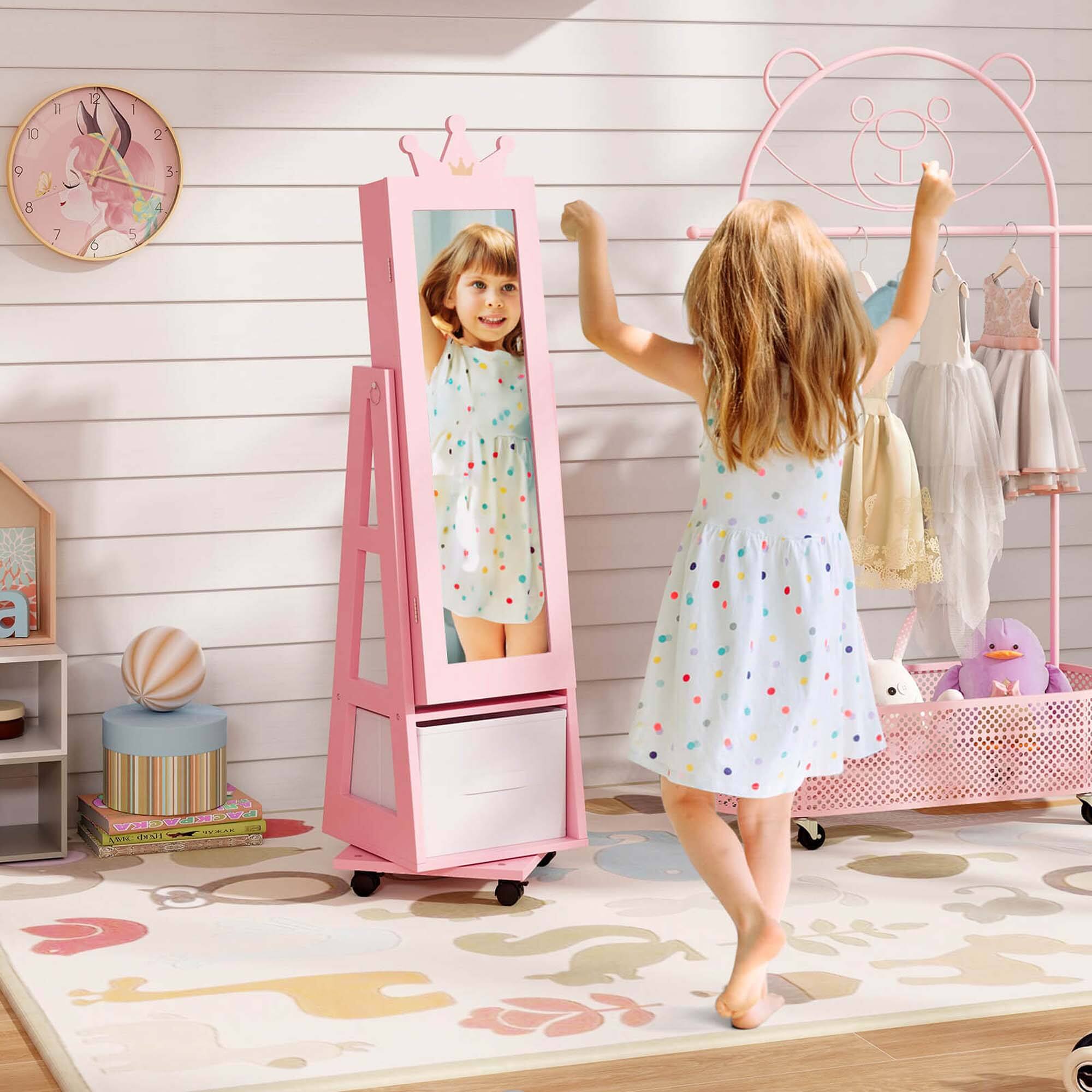 Alt View 3. Costway - Costway Kids Jewelry Cabinet with Full-Length Mirror Foldable Drawer Anti-toppling System - Pink.