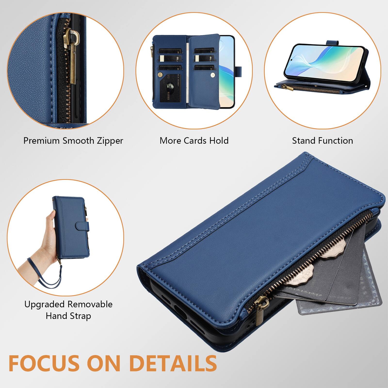 2 Premium Smooth Zipper  
More Cards Hold  
Stand Function  
Upgraded Removable Hand Strap  
FOCUS ON DETAILS