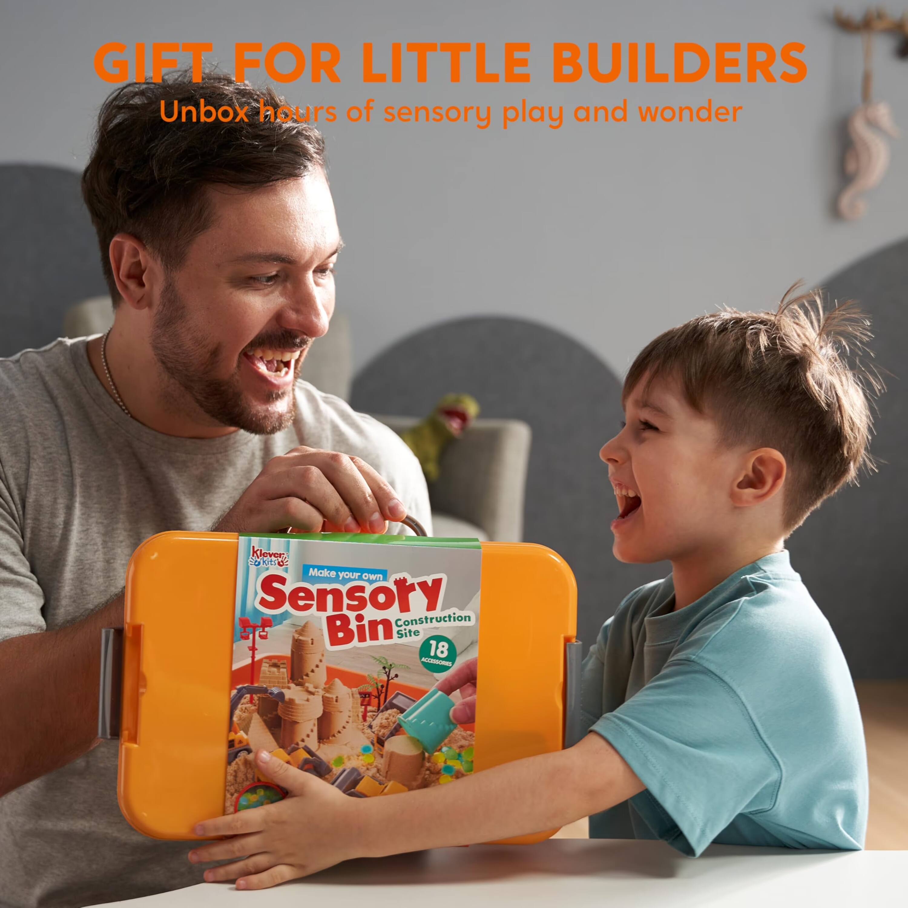 GIFT FOR LITTLE BUILDERS  
Unbox hours of sensory play and wonder  

Klever Kits  
Make your own Sensory Bin Construction Site 18 ACCESSORIES