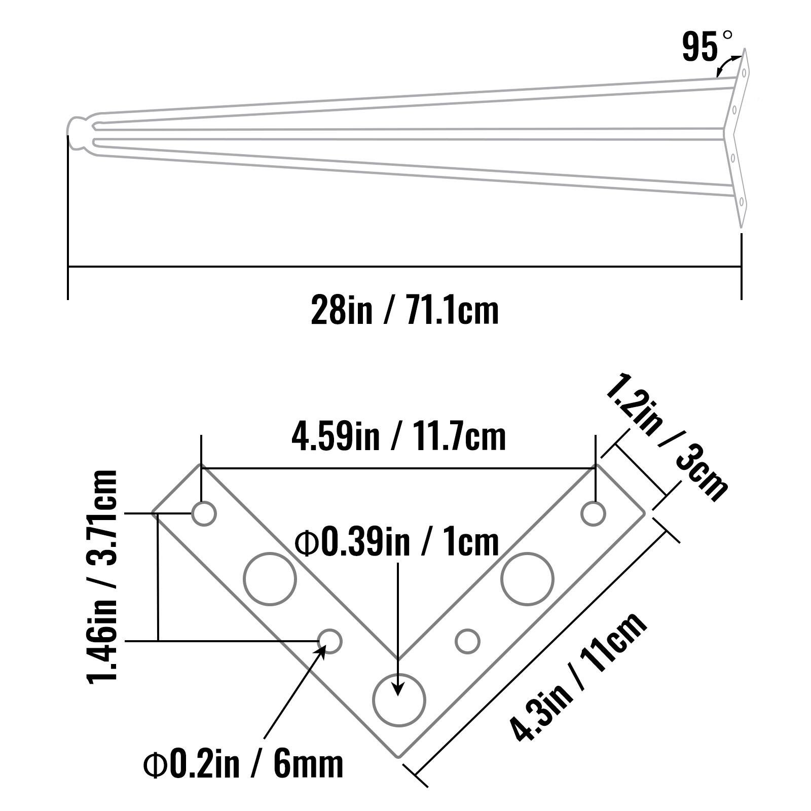 95, 28in / 71.1cm, 4.59in / 11.7cm, 1.2in / 3cm, 3.71cm, 0.39in / 1cm, 1.46in, 11cm, 4.3in, 0.2in / 6mm, 6mm