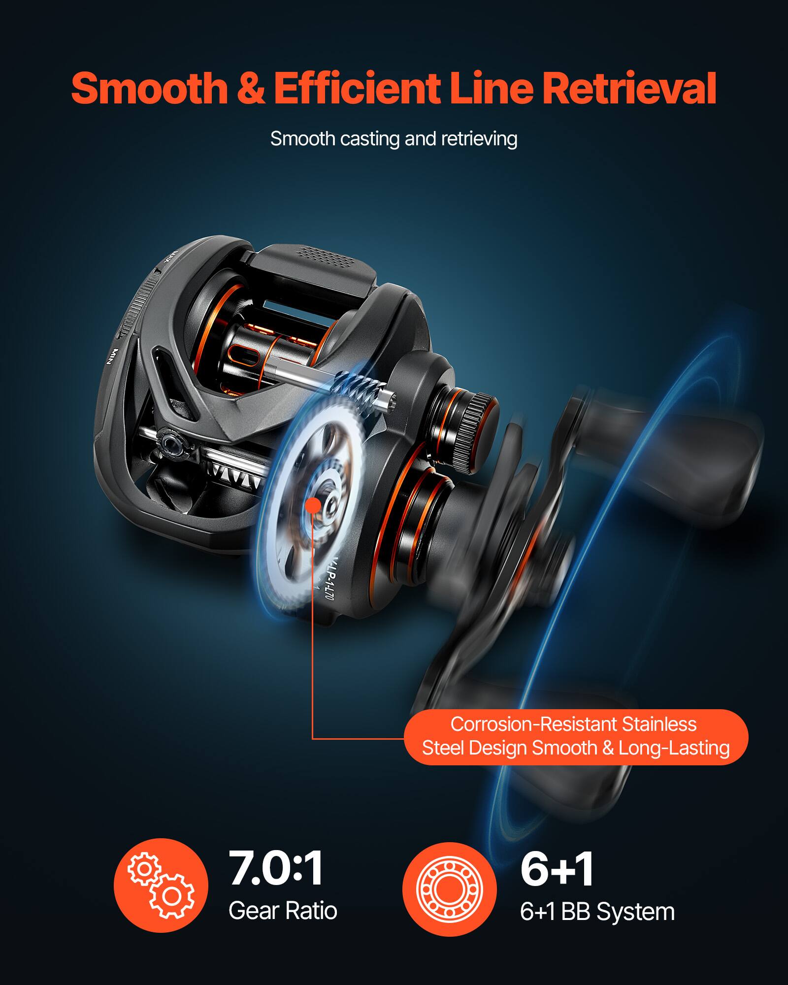 Smooth & Efficient Line Retrieval  
Smooth casting and retrieving  

Corrosion-Resistant Stainless Steel Design  
Smooth & Long-Lasting  

7.0:1 Gear Ratio  

6+1 BB System