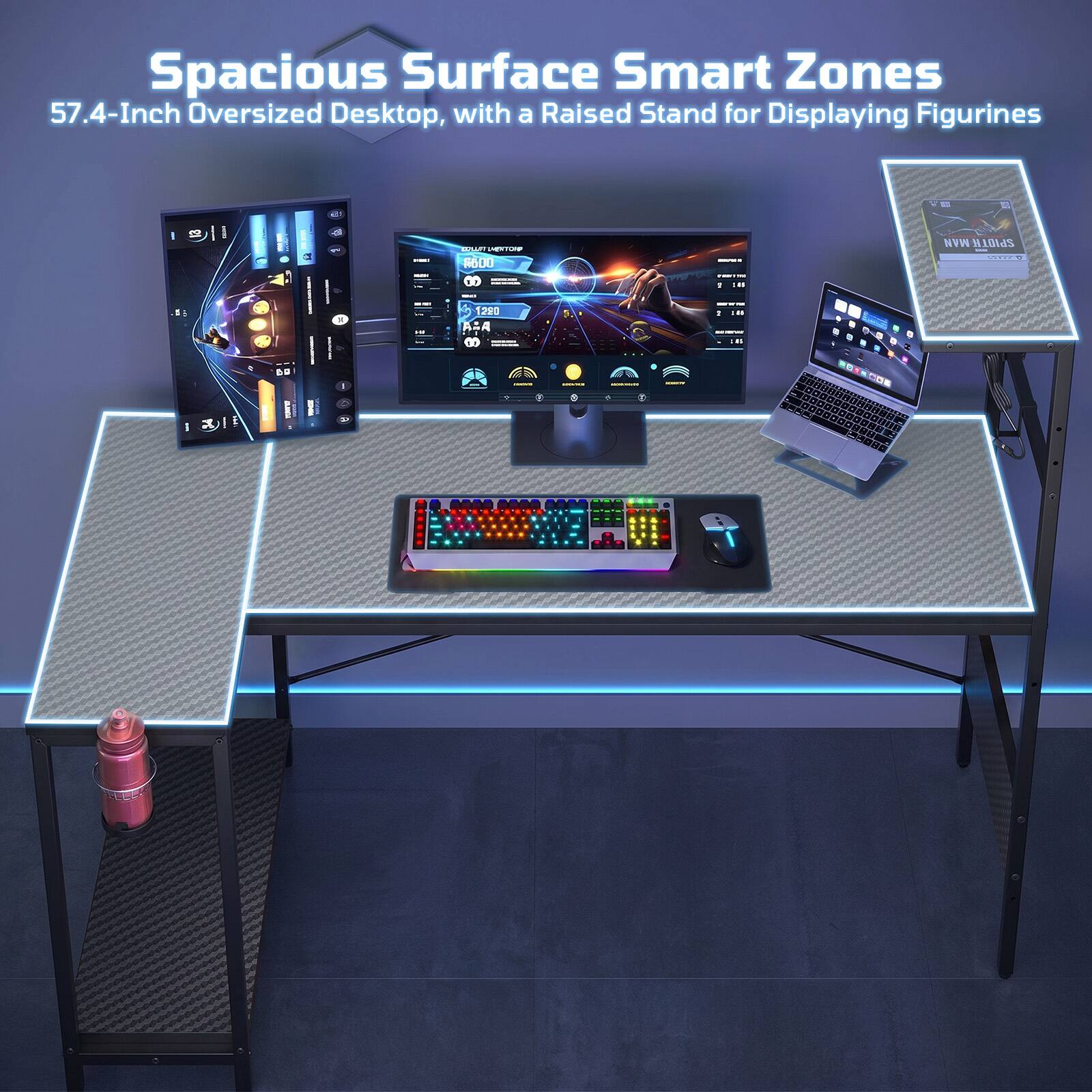Spacious Surface Smart Zones 57.4-Inch Oversized Desktop, with a Raised Stand for Displaying Figurines