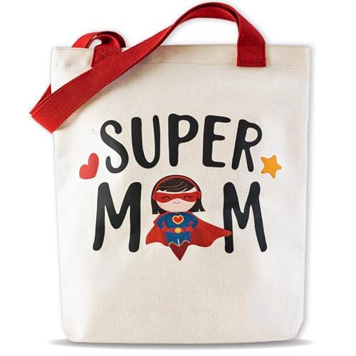 Front. DORLUKFU - Extra-Thick Mama Canvas Tote Bag, Mothers Day Gifts for Mom, Wife, Birthday, Durable Tote for Shopping, Travel, Beach - Super Mom.