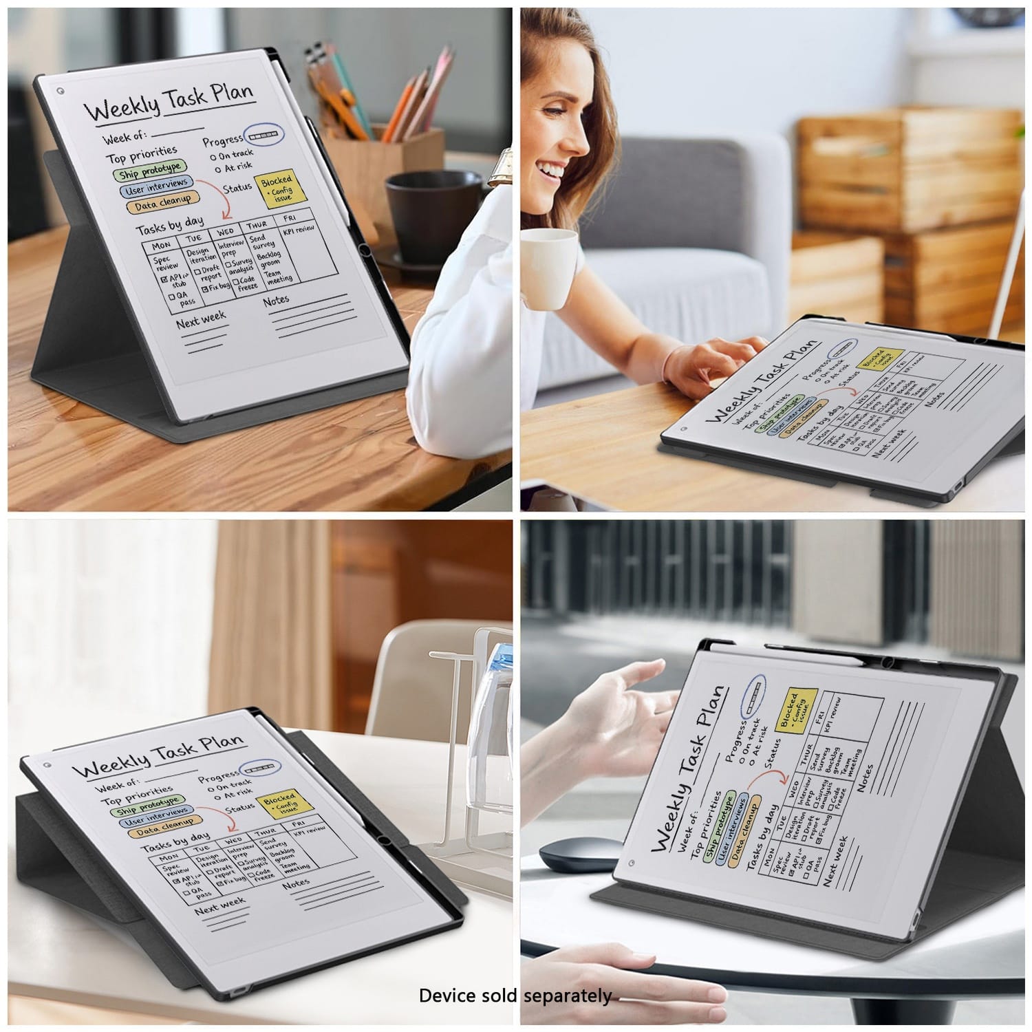 Weekly Task Plan
Week of:
Top priorities
- Ship prototype
- User interviews
- Data cleanup
Progress
- On track
- At risk
Tasks by day
- Monday
- Design
- Data cleanup
- User interviews
- Tuesday
- Ship prototype
- Data cleanup
- User interviews
- Wednesday
- Data cleanup
- User interviews
- Thursday
- Data cleanup
- User interviews
- Friday
- Data cleanup
- User interviews
Blocked
- HR review
- Team meeting
Status
- TBA
Notes
Next week
Device sold separately.