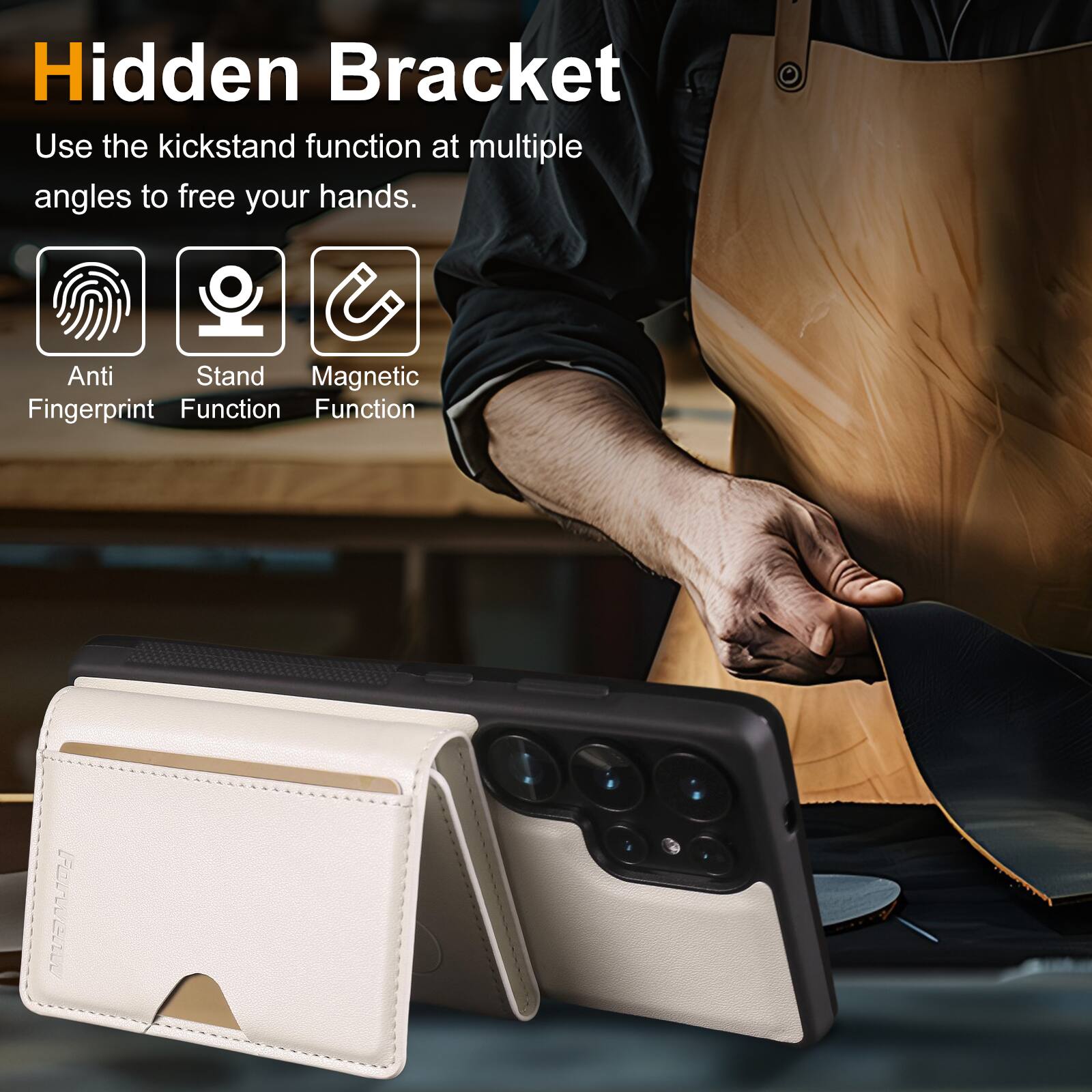 Hidden Bracket  
Use the kickstand function at multiple angles to free your hands.  

Anti Fingerprint Function  
Stand Function  
Magnetic Function