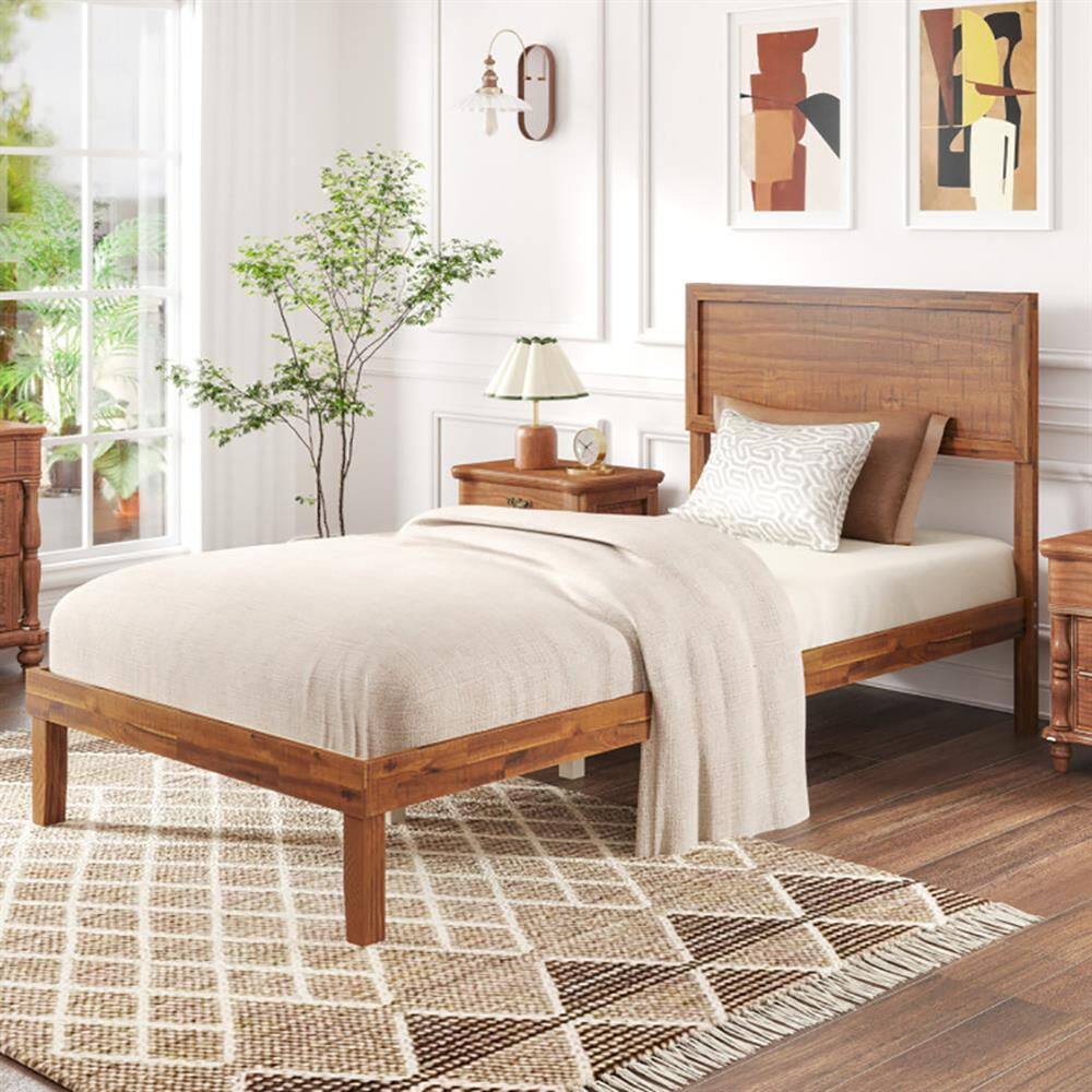 Back. Kadyn - Platform Bed Frame, Bedroom Bed Frame,Twin/Full/Queen Size Bed Frame with Headboard and Wooden Slats Support-Twin Size - Brown.