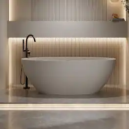 Loheer - 55 in Freestanding Solid Surface Soaking Bathtub with Overflow and Pop Up Drain Resin Stone Tub - Beige