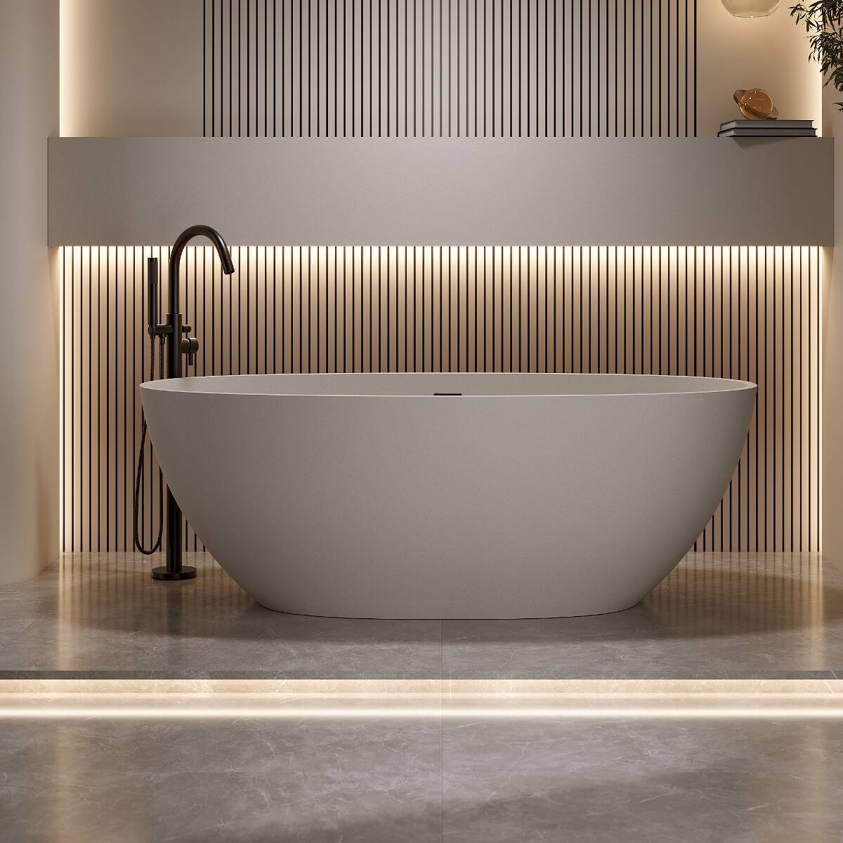 Front. Loheer - Loheer 55 in Freestanding Solid Surface Soaking Bathtub with Overflow and Pop Up Drain Beige Resin Stone Tub - Beige.