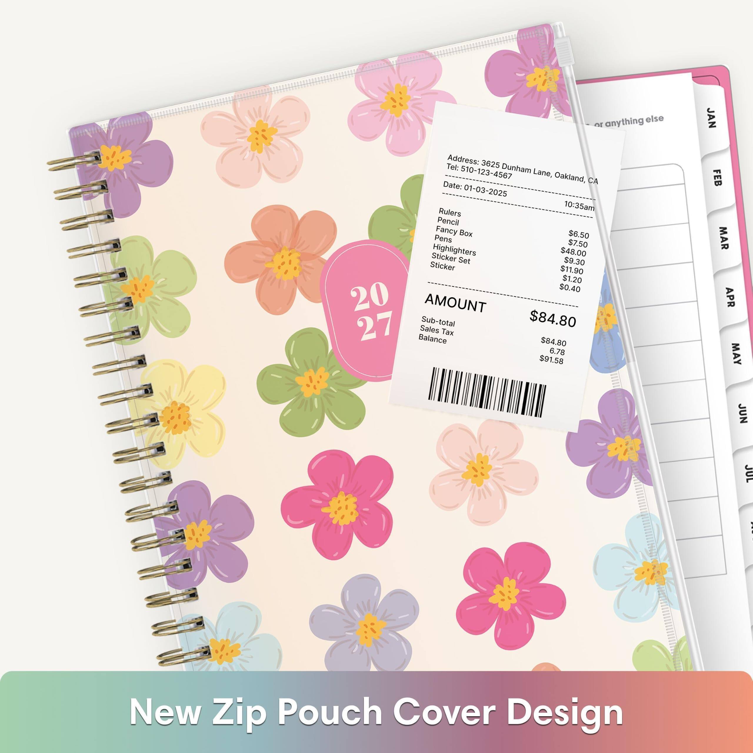 Address: 3625 Dunham Lane, Oakland, CA  
Tel: 510-123-4567  
Date: 01-03-2025  
Time: 10:35am  

Rulers  
Pencil  
Fancy Box  
Pens  
Highlighters  
Sticker Set  
Sticker  

Amount: $84.80  
Sub-total: $84.80  
Tax: $6.78  
Balance: $91.58  

New Zip Pouch Cover Design