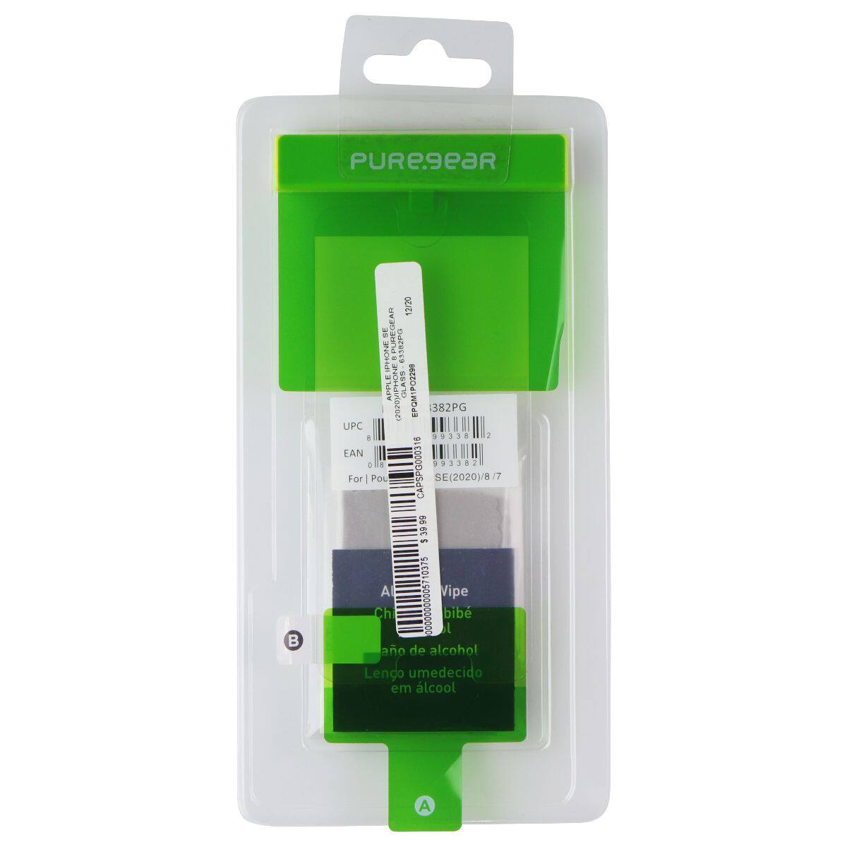PURE9EaR  
12/20  
NE UREGEAR 61382P0  
NOH - APPL 2020)  
PH GLASS EPQM1P02299  
0242 3 382PG  
UPC a + 9338 3 - AN C ds V 933821 1 1  
For I POu CAPSPG000316  
SE(2020)/8 17  
$39.99  
10375  
A  
Vipe  
Ch  
B  
A  
ano de alcohol  
Lengo umedecido em alcool