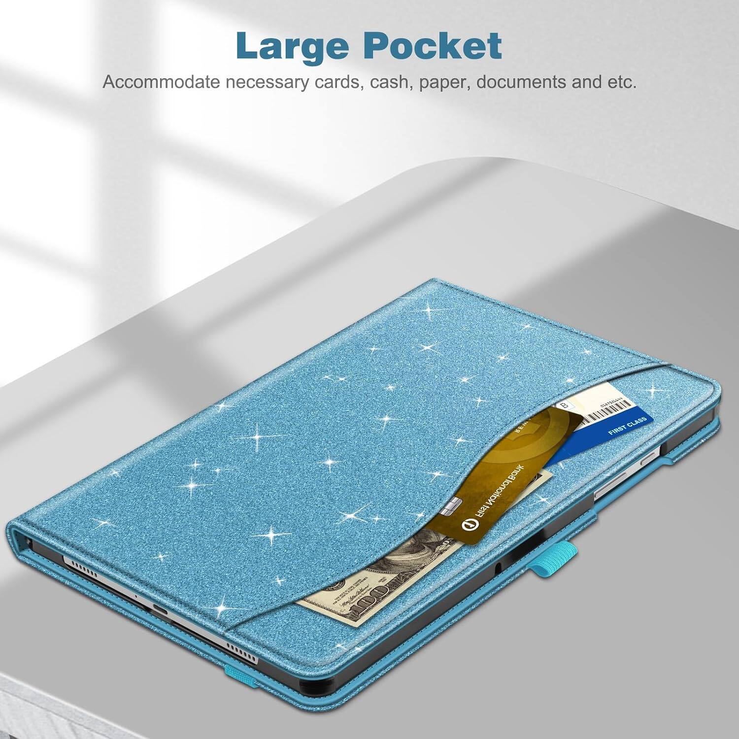 Large Pocket  
Accommodate necessary cards, cash, paper, documents and etc.