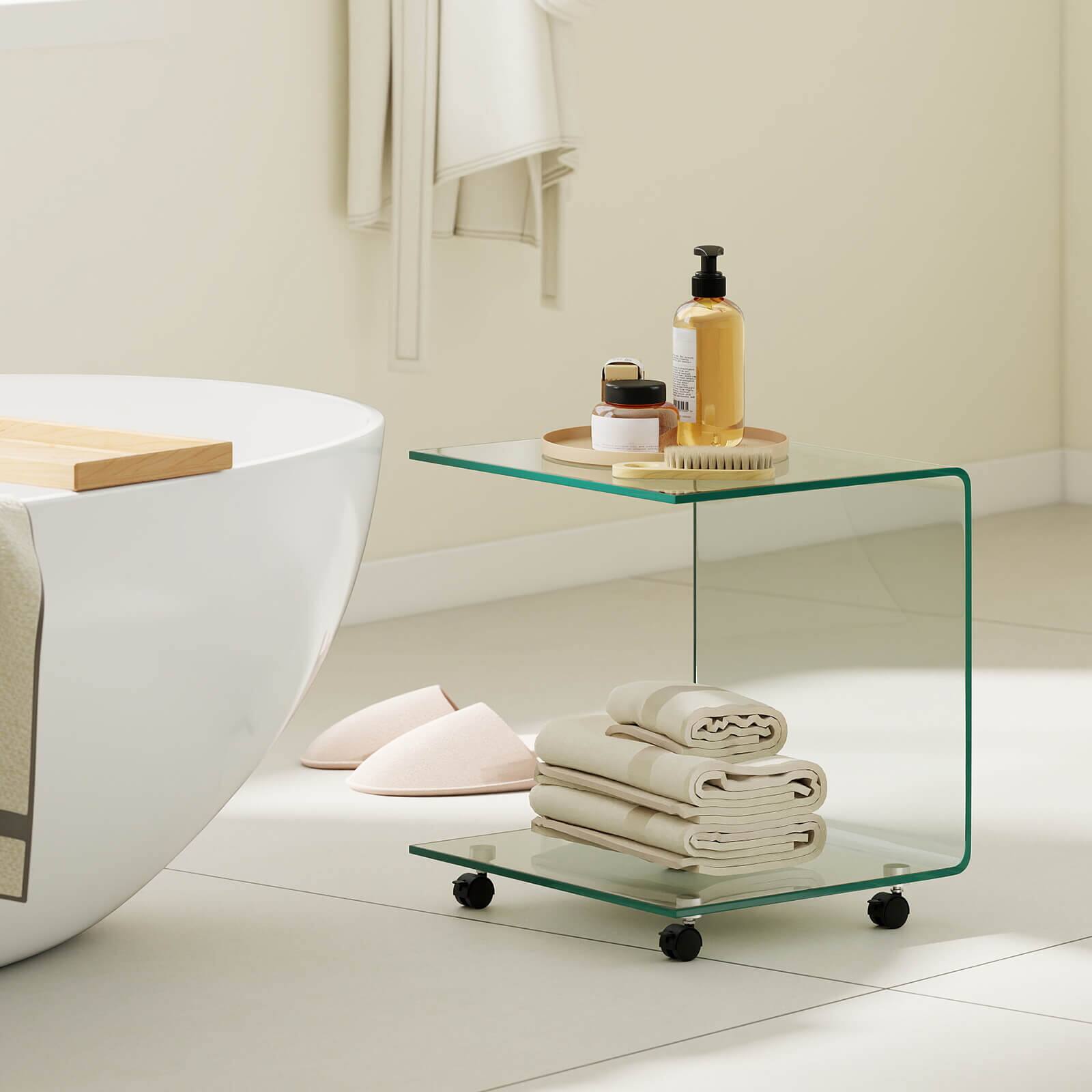 Alt View 3. Costway - Costway 2 PCS C-Shaped End Table with 2-tier shelf, 4 Swivel Lockable Wheels for Living Room - Transparent.