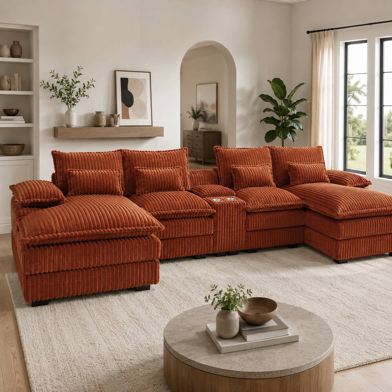 Angle. Anysun - 120" U-Shaped Sofa with Center Console Coffee Table & USB Ports – Includes 4 Pillows – Ideal for Spacious Living Rooms - Orange.