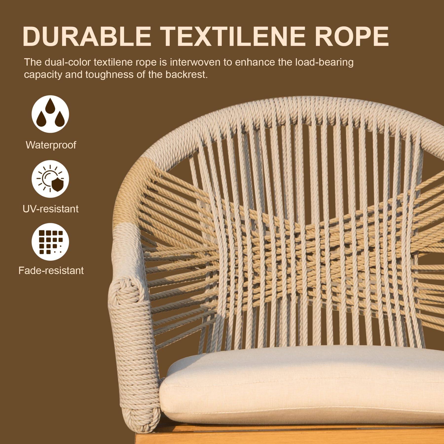 DURABLE TEXTILENE ROPE

The dual-color textilene rope is interwoven to enhance the load-bearing capacity and toughness of the backrest.

- Waterproof
- UV-resistant
- Fade-resistant