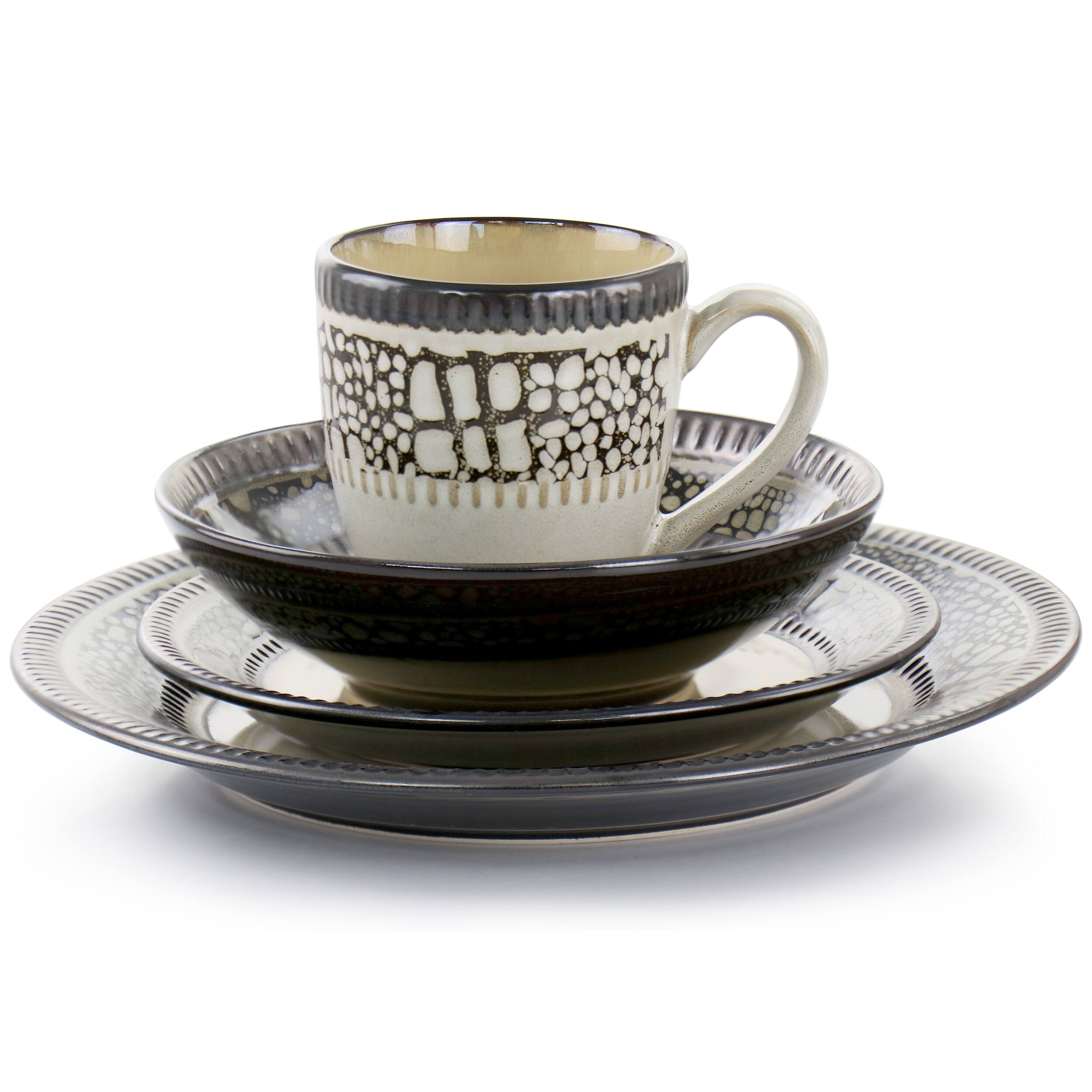 Alt View 1. Elama - Elama Desert Sand 16 Piece Stoneware Dinnerware Set - Sand and Black.