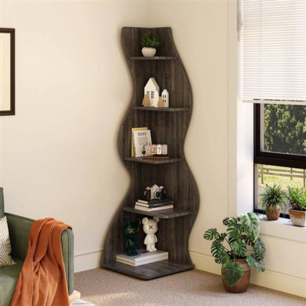 Angle. Hivvago - Modern 5 Shelf Corner Bookcase in Grey Wood Finish - Grey.