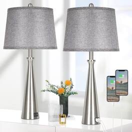 Nordic Hygge - Set of 2 Table Lamps with 2 USB Charging Ports, Bedside Lamp with Grey Shade, 26.4”Tall Nightstand Lamp - Silver
