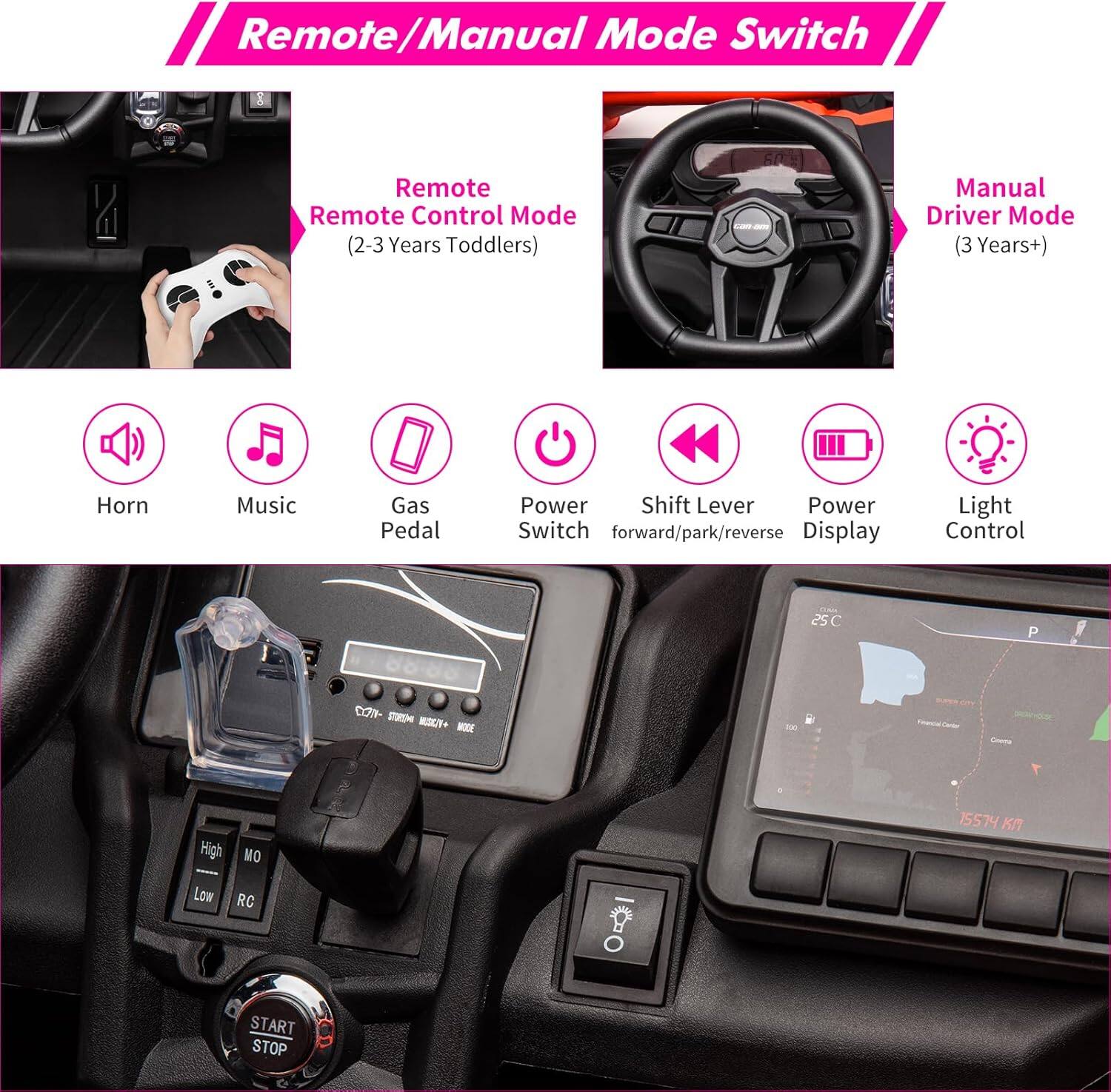 Remote/Manual Mode Switch

Remote Control Mode (2-3 Years Toddlers)

- Horn
- Music
- Gas Pedal
- Power Switch
- Shift Lever (forward/park/reverse)
- Power Display
- Light Control

Manual Driver Mode (3 Years+)

- Horn
- Music
- Gas Pedal
- Power Switch
- Shift Lever (forward/park/reverse)
- Power Display
- Light Control

2sC P 2 - MSUV+ WIE - High MO 15574 Low RC START STOP