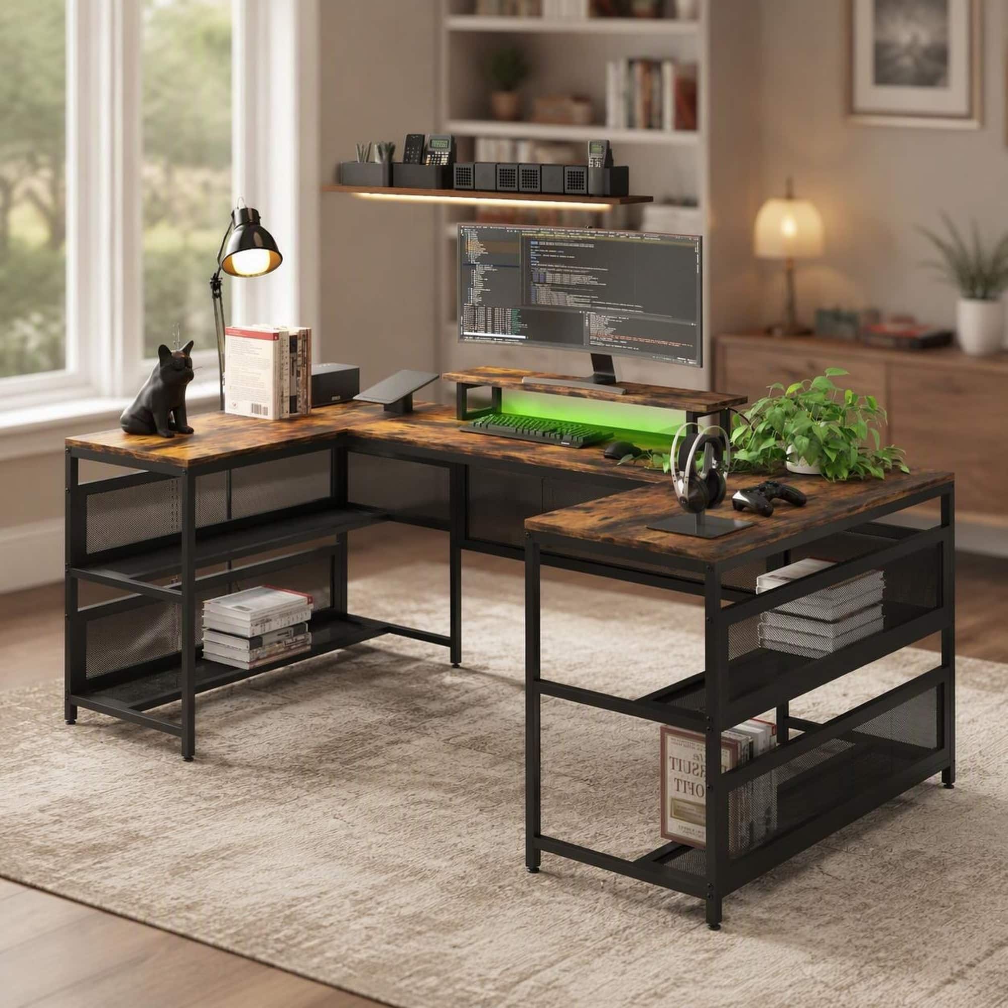 RYHNUYNE - U Shaped Desk, 82x43x35 inches, Metal Frame and MDF Board, Power Outlets, LED Strip, Monitor Stand, Storage Shelves - Brown