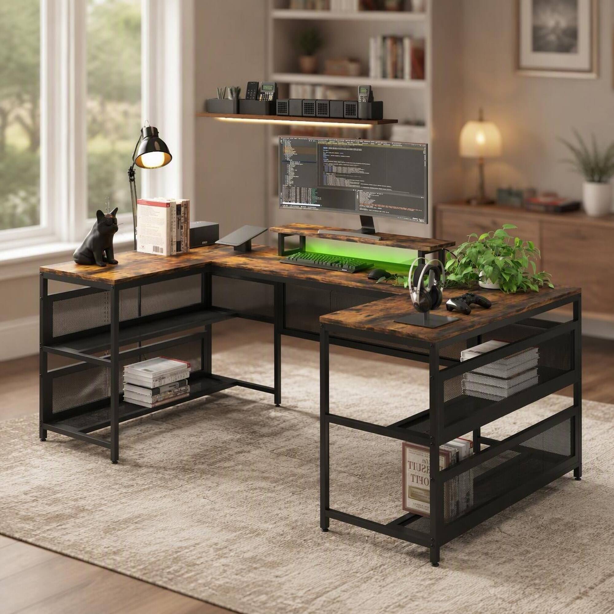 Front. RYHNUYNE - U Shaped Desk, 82x43x35 inches, Metal Frame and MDF Board, Power Outlets, LED Strip, Monitor Stand, Storage Shelves - Brown.