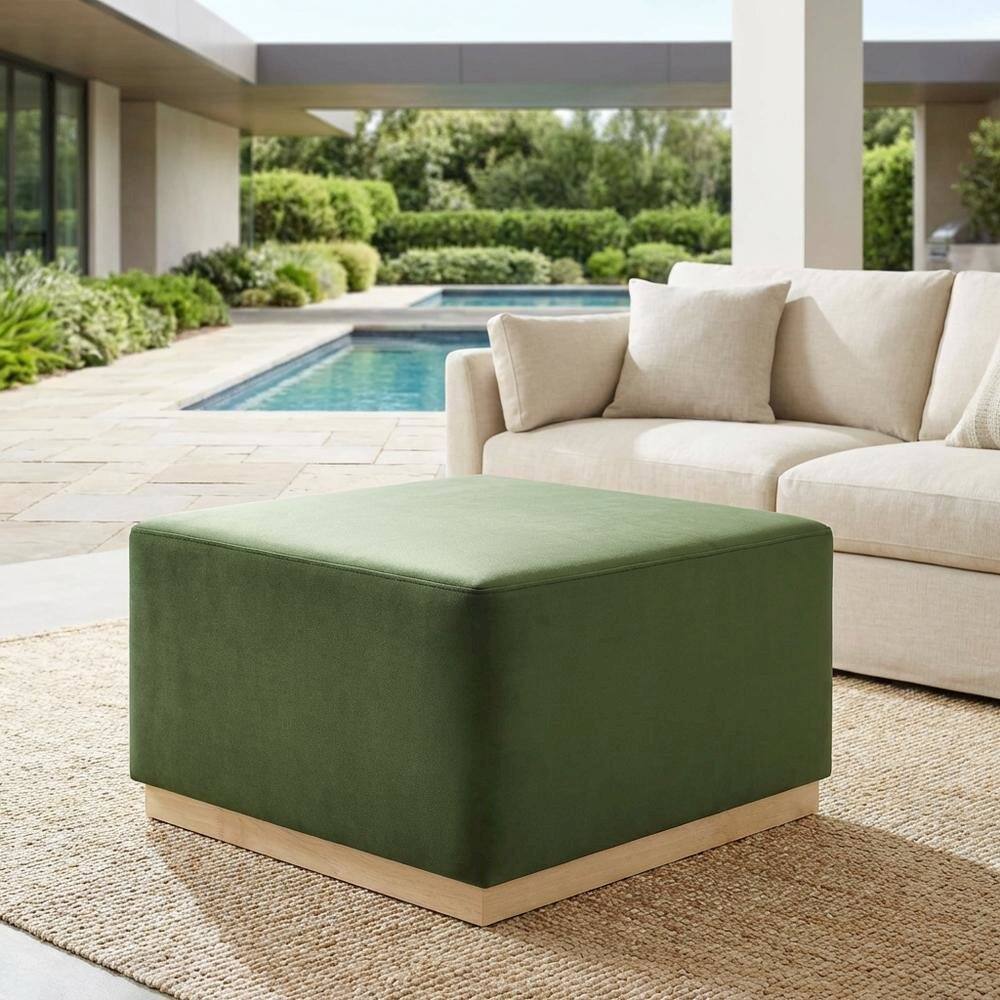 Left. Outdoor Escape - Square Performance Velvet Ottoman, Neutral Color, Plush Upholstery, Patio Spaces - Green.