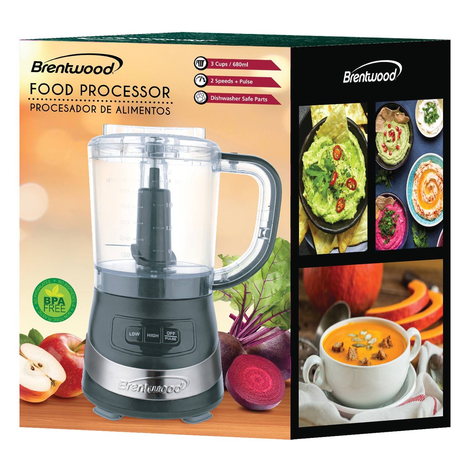 Brentwood Food Processor  
3 Cups / 680ml  
2 Speeds + Pulse  
Dishwasher Safe Parts  
BPA Free Plastic  
Low, High, Off, Pulse