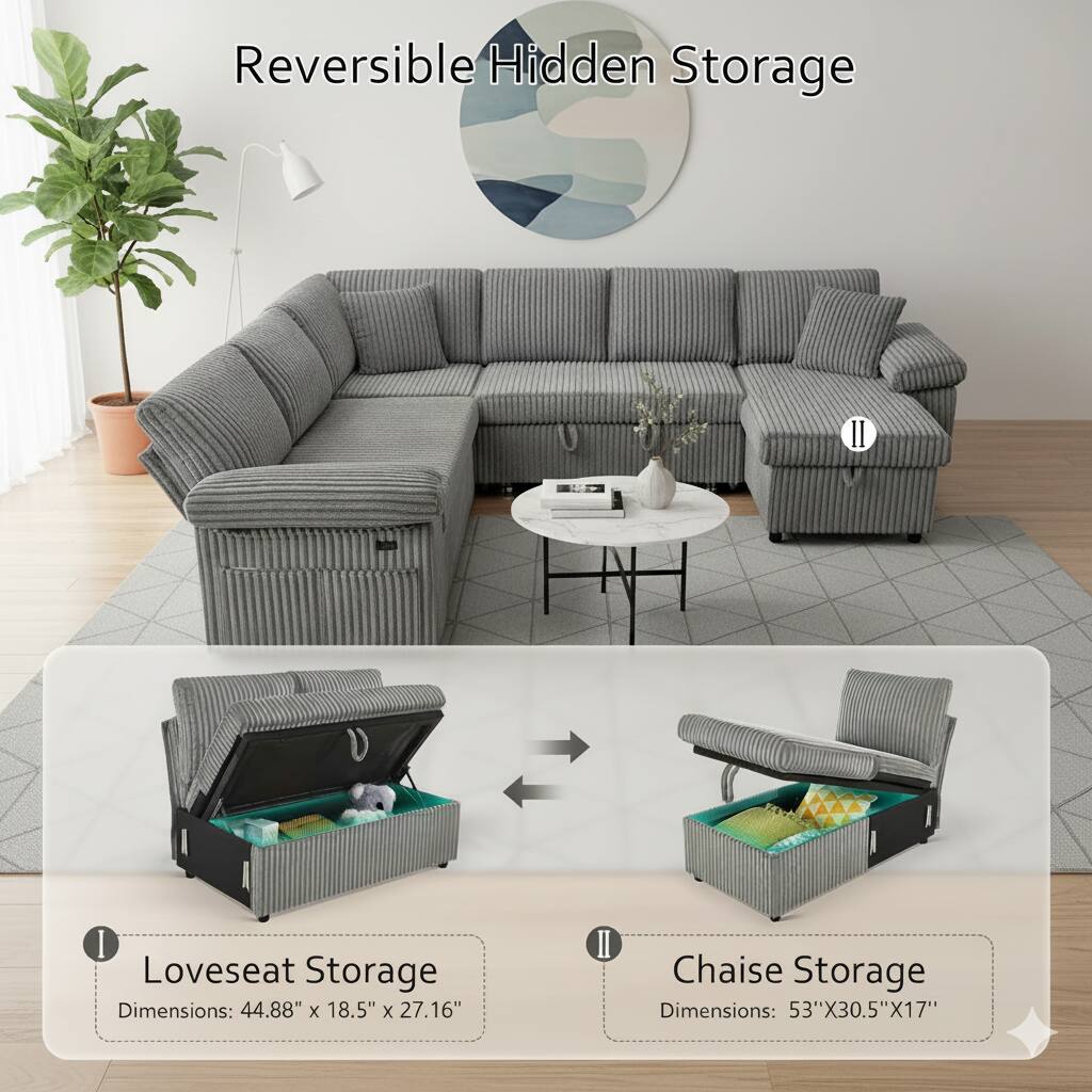 Reversible Hidden Storage

Loveseat Storage
Dimensions: 44.88" x 18.5" x 27.16"

Chaise Storage
Dimensions: 53" x 30.5" x 17"
