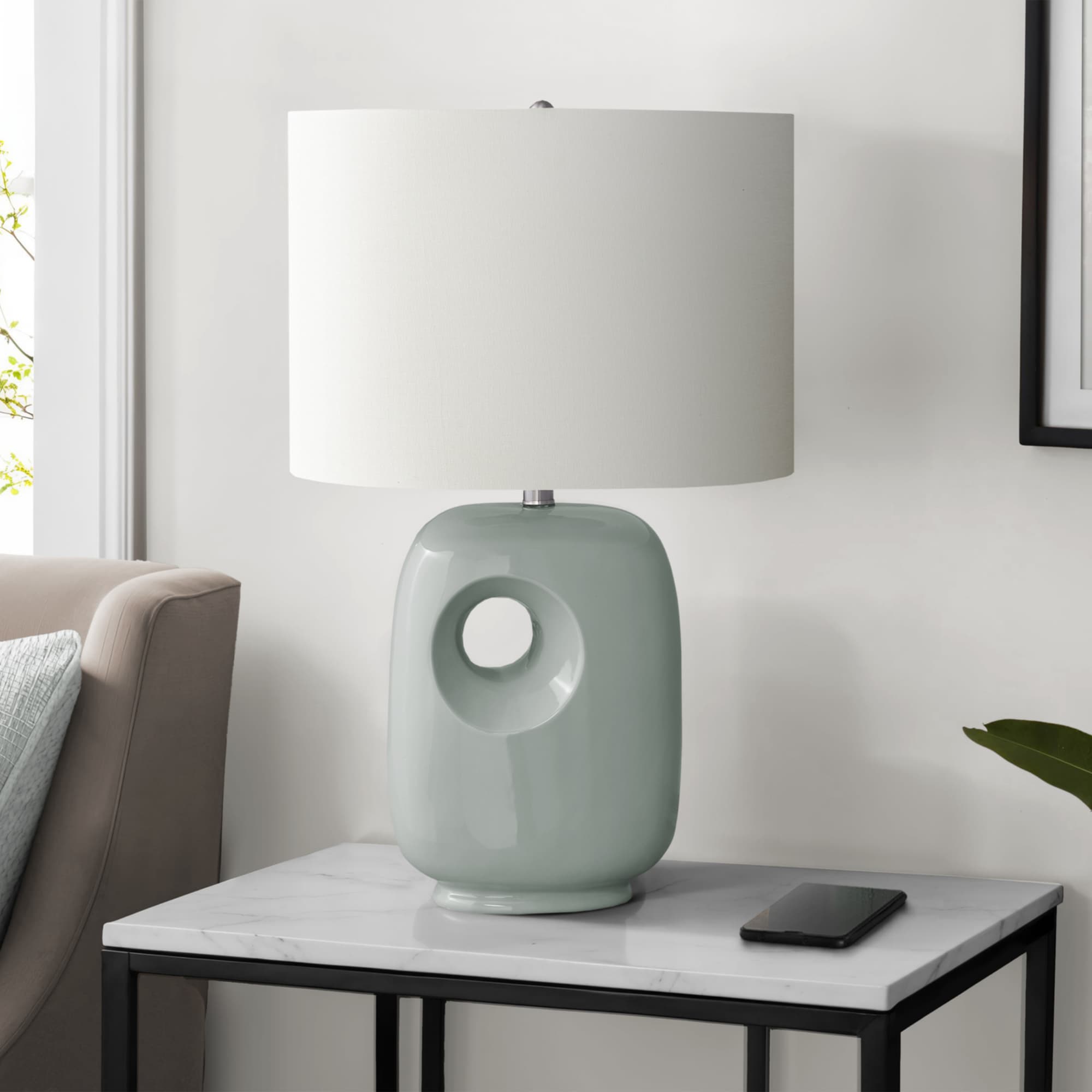 Back. Luckbyte - 26 Inch Green Ceramic Table Lamp Ivory Cream Shade Contemporary Modern Light.