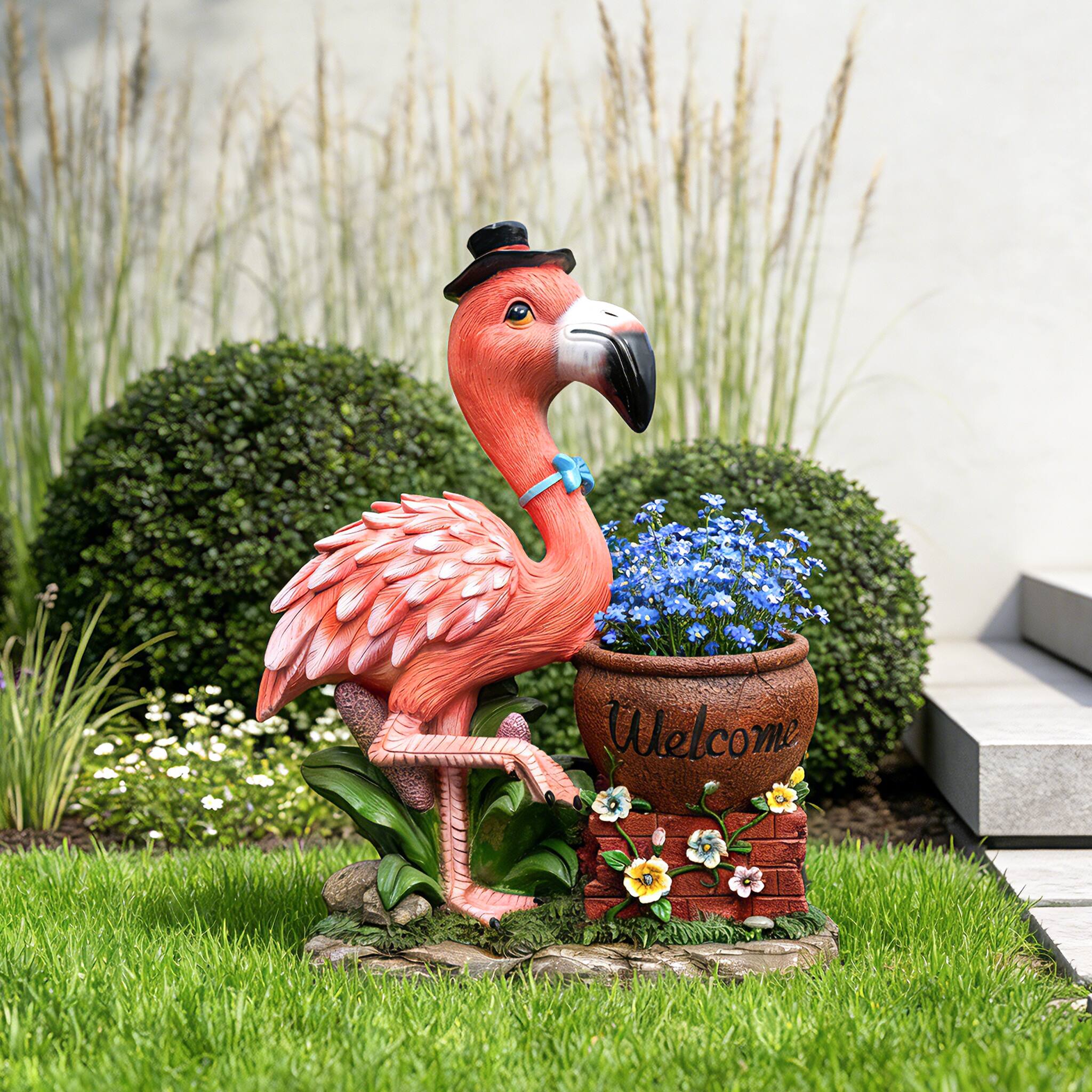 Angle. Anysun - Outdoor Sculpture Flamingo Flower Pot Planter – Unique Yard Statue Decoration, Lawn Outdoor Ornament, Left Facing - Pink.