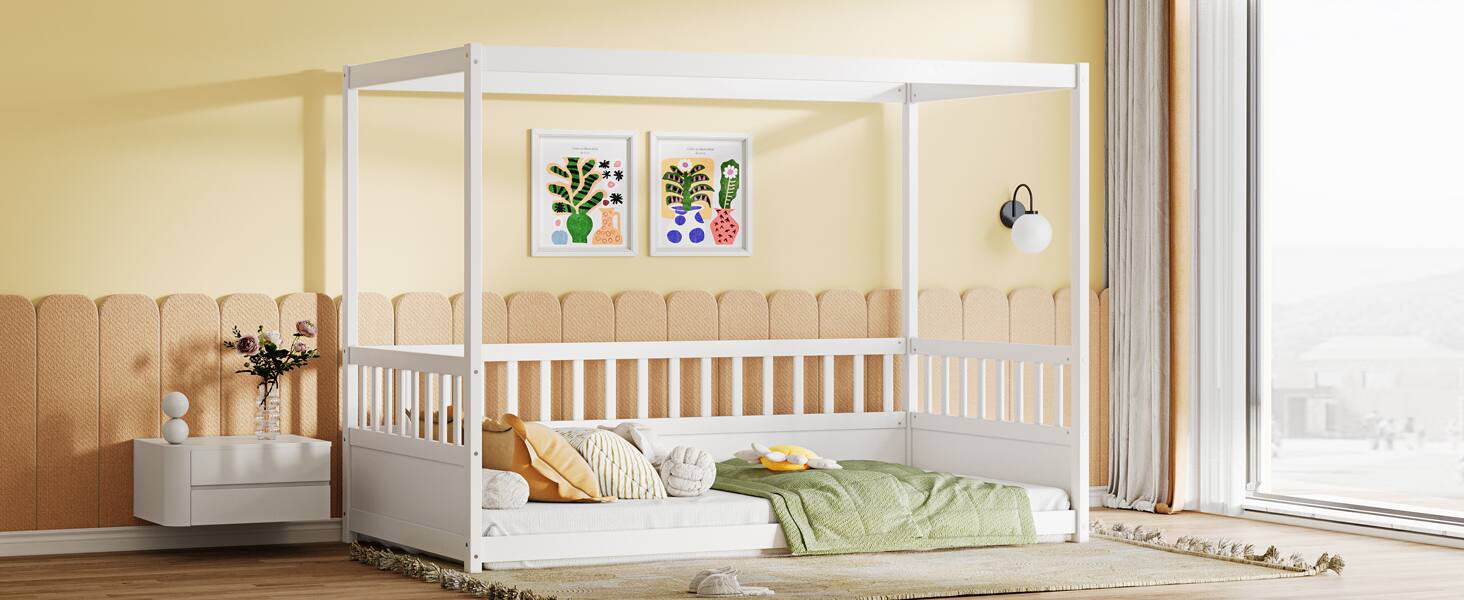 Back. GOODSILO - Twin Canopy Floor Bed with Guardrails, Montessori Wood Frame for Kids - White.