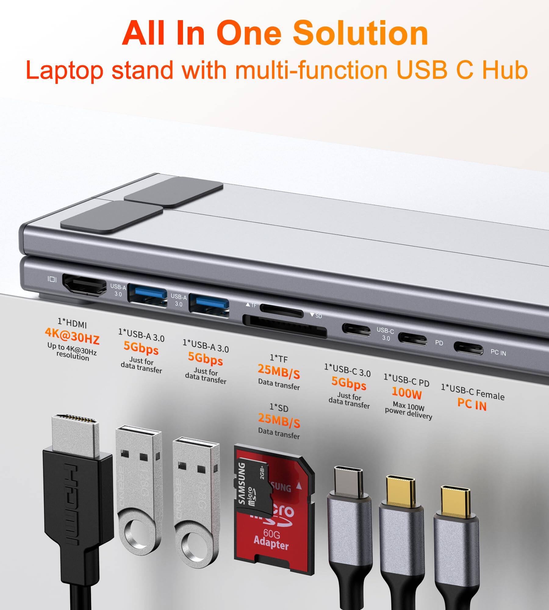 All In One Solution  
Laptop stand with multi-function USB C Hub  

- 1*HDMI 4K@30HZ  
- 1*USB-A 3.0 5Gbps  
- 1*USB-A 3.0 Just for 25MB/S data transfer  
- 1*TF 25MB/S Data transfer  
- 1*USB-C 3.0 5Gbps  
- 1*USB-C PD Max 100W  
- 1*USB-C Female PC IN  
- 1*SD 200-60G Adapter